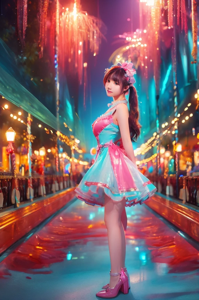 best quality, 8k, highly detailed face and skin texture, high resolution, sexy japanese girl in colorfull dress stand in front of merry go round at night, under the light, full body, sharp focus