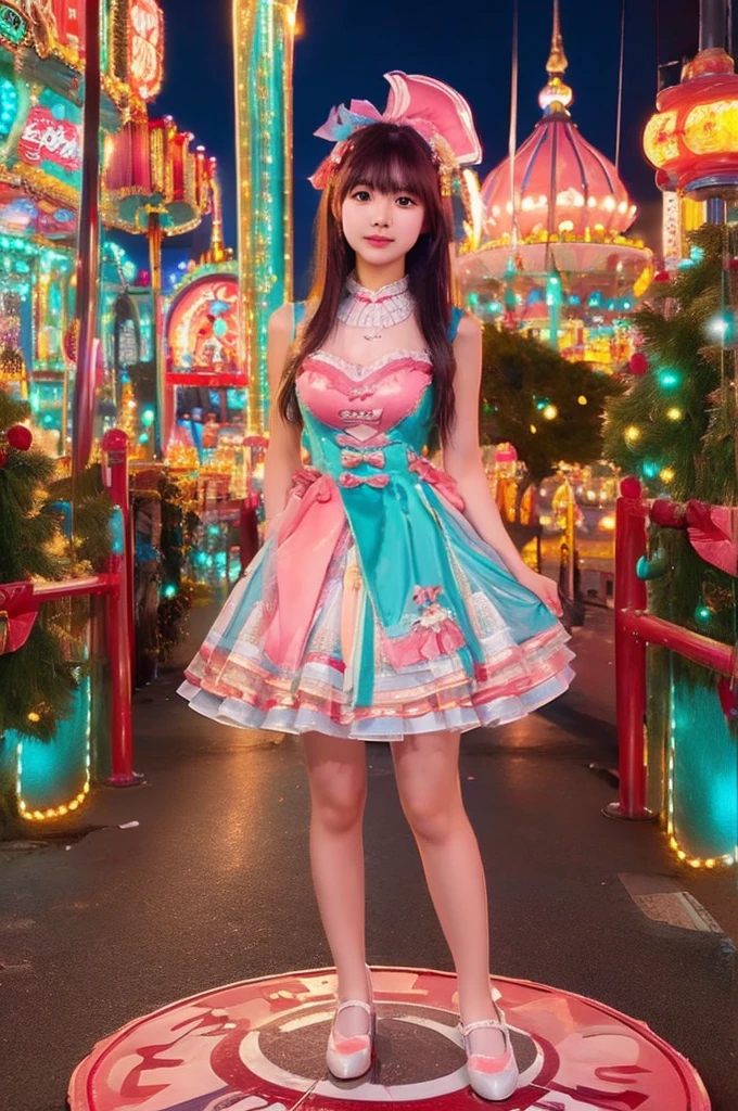 best quality, 8k, highly detailed face and skin texture, high resolution, sexy japanese girl in colorfull dress stand in front of merry go round at night, under the light, full body, sharp focus