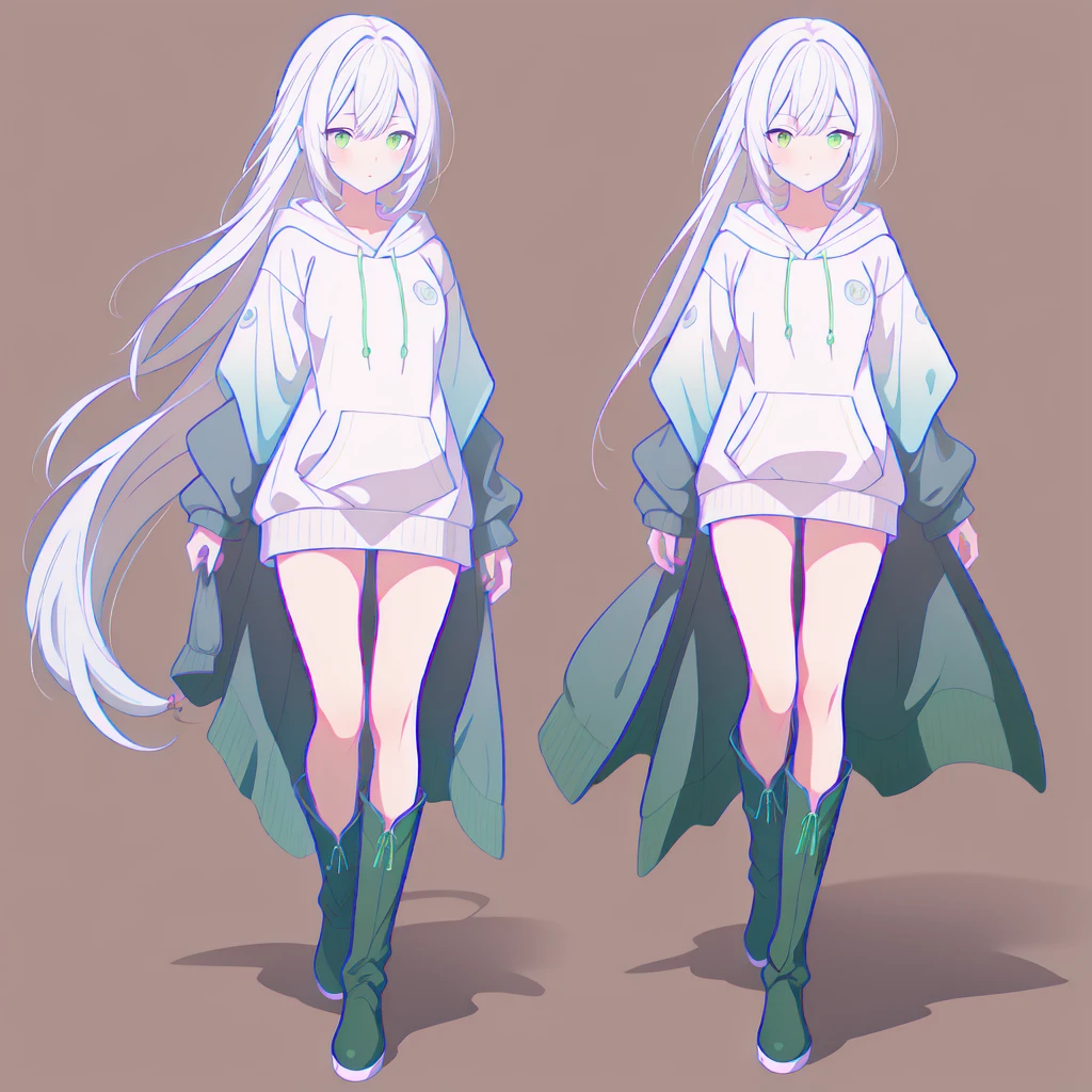 (highest quality, masterpiece, High resolution),One girl,alone,Milky white, blue gradient straight long hair,Hooded_Tracking_Large hoodie with ribbed knit hem and cuffs、Knee-high boots,alone focus,Simple Background,Small breasts peppermint green strokes,