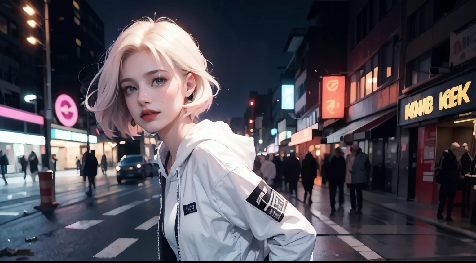 Vibrant, elegance, side-cropped punk hairstyle, looking at the viewer, dynamic pose, GUN belt, bullet holes, gloves, Unreal Engine, paranormal space device, ultra-realistic CG K8, photorealistic: 1.2, skin Texture: 1.3, one young woman, red white hair, green eyes, full lips, bright city in the midnight lights, crying, majestic, highly detailed: 1.4, more detailed, optical mix, playful patterns , animated textures, unique visual effects, pink leather miniskirt, haze, off-white hoodie, masterpiece, luster, abandoned place background in garbage dump, 8k realistic digital art, 32k, masterpiece, super high Detail, desperate scene