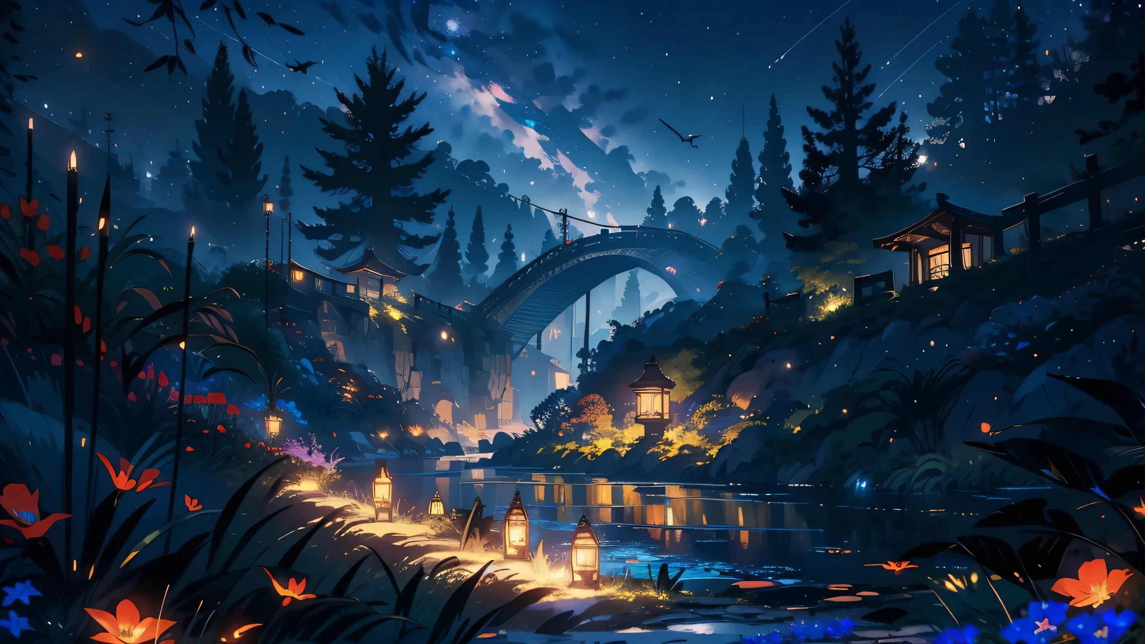 Master Parts, nice, landscape, (((no_Humanos))), night, flower, garden, Starry Sky, constellation, amazing, Overlooking, water, warm, comfortable, peaceful, meteor, Cosmic, magic, magic, details, fair, ((fire Fly))