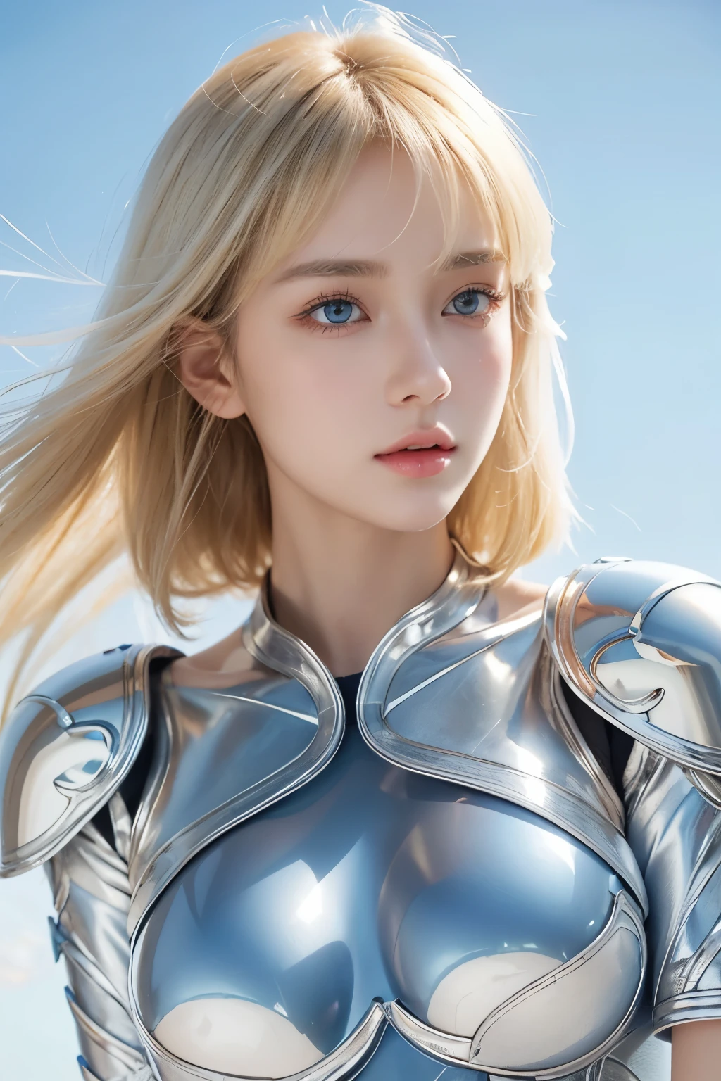 Beautiful and fair、Radiant Skin, 3 Up, Gorgeous, bright, Refreshing and gentle expression, Perfect beautiful face、Beautiful shiny bangs, A very beautiful 17 year old girl, Eyeliner, Very perfect and beautiful lovely big clear sky blue eyes,Very large breasts,Grooves reveal original skin,Muscular body,Silver glasses,Transparent crystal armor,Blonde short hair