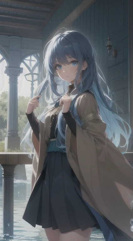 masterpiece, best quality, Ultra-high quality CG, Elijah I, 1 girl, Solitary, bleu long hair, Looking at the audience, skirt, Wide sleeves, black skirt, watter, Flowing water, emerald eyes