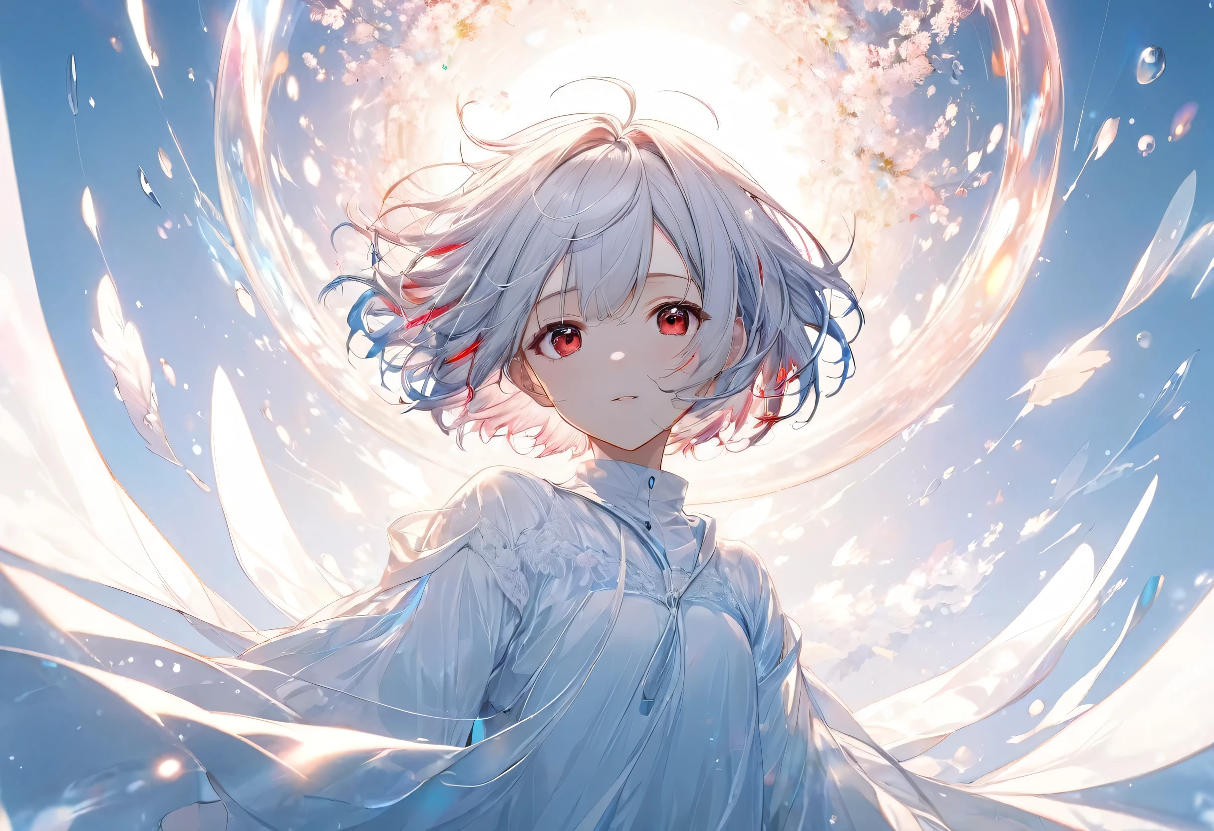 (double exposure:1.3 white-silhouette:1.6) frontale (solo crew cut hair silver hair short:1.4 hairl divine boy, soft red eyes), (open arms), (in a long exposure:1.4 light:1.6 body), BREAK, (float in the white light:1.3), (master piece, best quality, 16k).