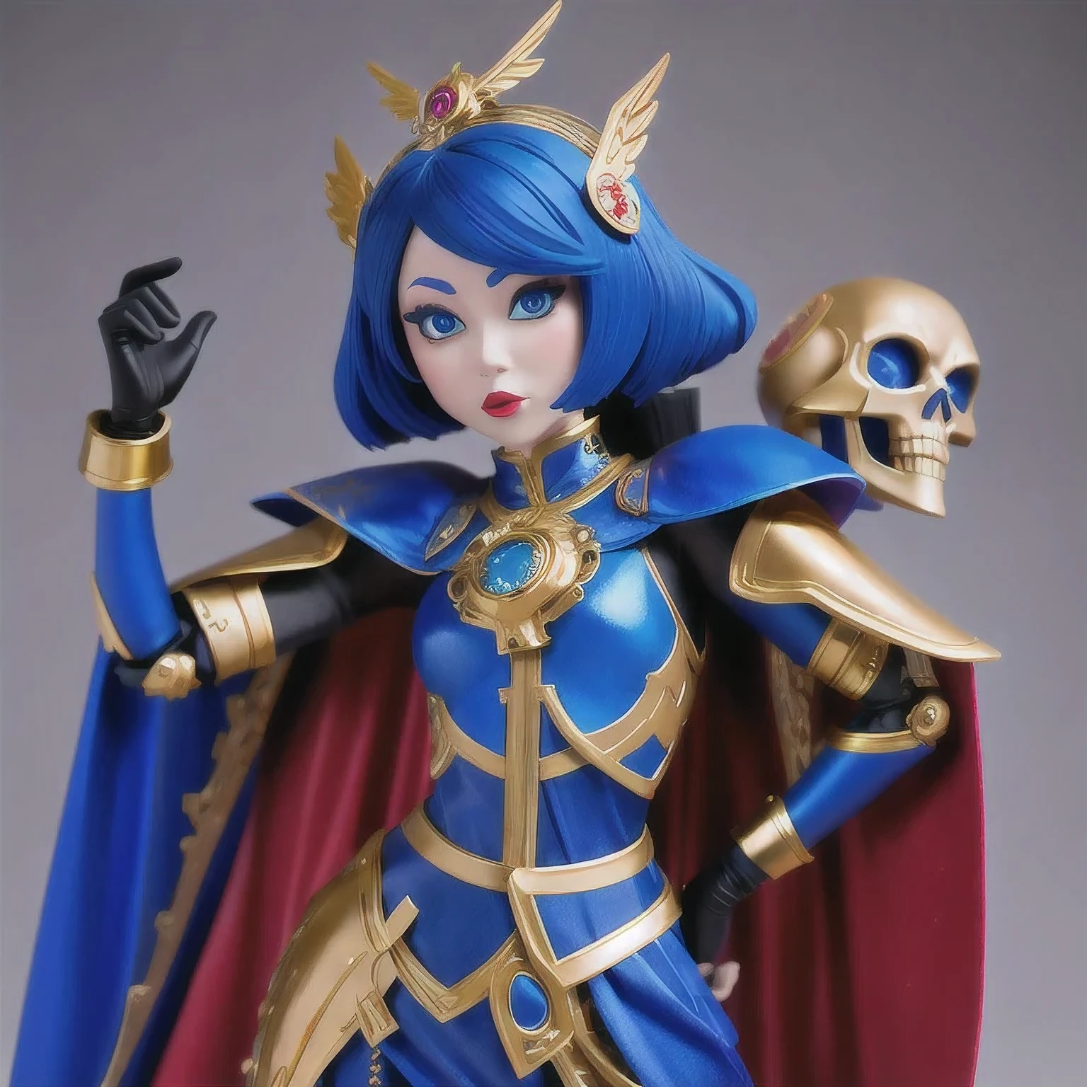 araffe skeleton in a Cobalt Blue and gold costume with wings, saint skeleton queen, Cobalt Blue demon armor, lady in red armor, wearing a skeleton armor, holy cyborg necromancer girl, hone onna skeleton geisha, ( highly detailed figure ), goddess of death, masami kurumada, the other a skeletal figure, skeletal, scary queen of death((（one female）))Cobalt Blue