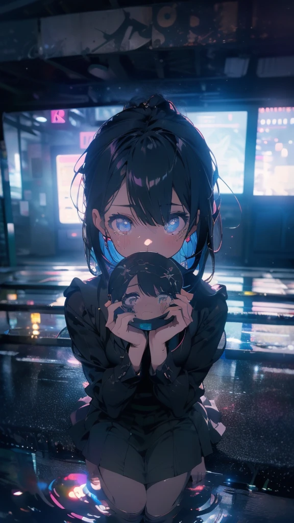 1 anime girl, alone,,Black petals flutter, A mysteriously shining butterfly.city,thin legs,Gloomy cloudy sky,sad expression,very clear,highest quality,city,standing on the street corner,Are crying,tears,close up of face,Sit in the water,barefoot,holding a book in hand,Sit down