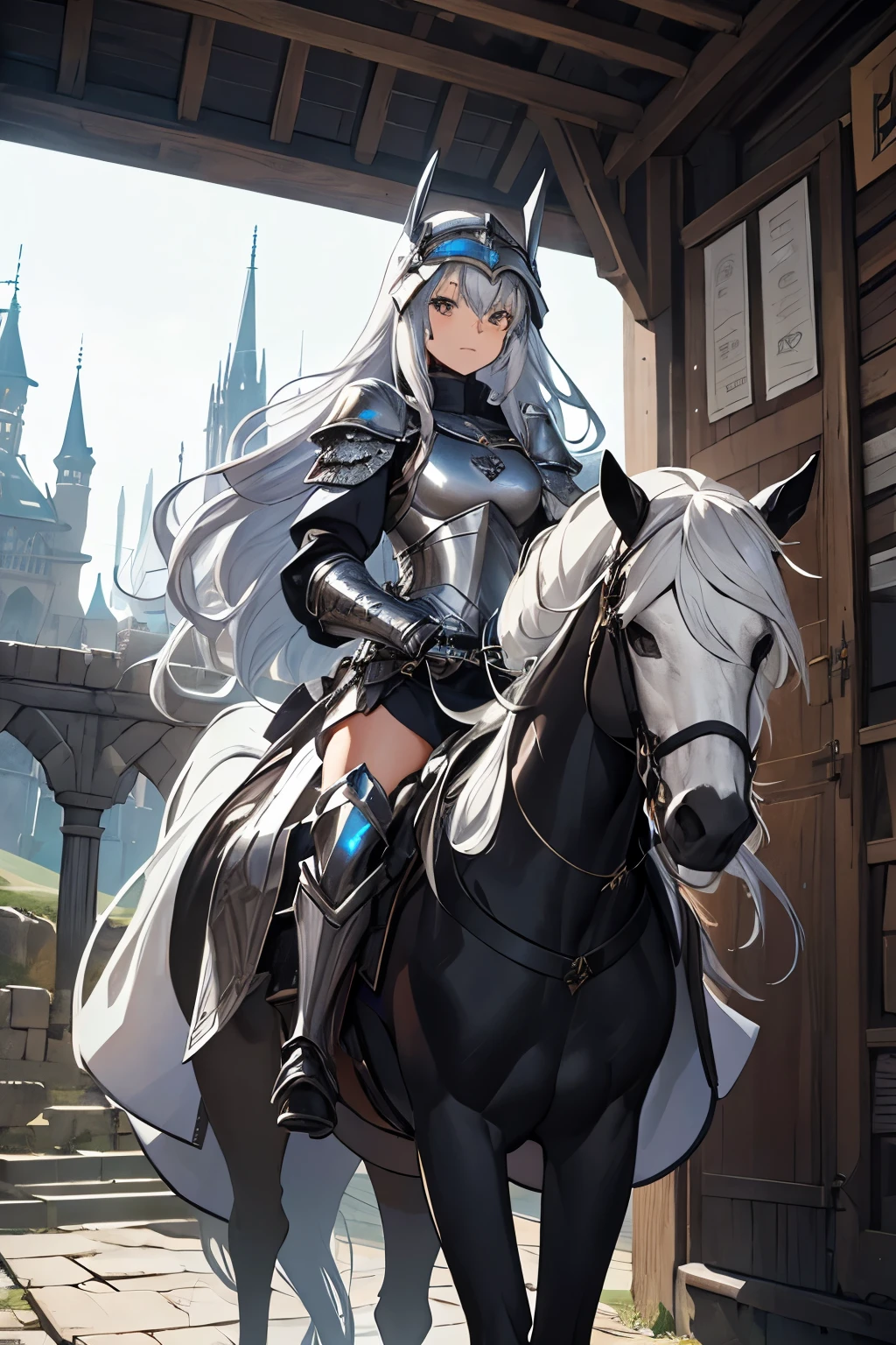 girl ,medieval armor mixed with cyberpunk style helmet,silver wavy long hair ,holding long sword ,driving a horse to the castle,(mediaval armor,silver,plate)