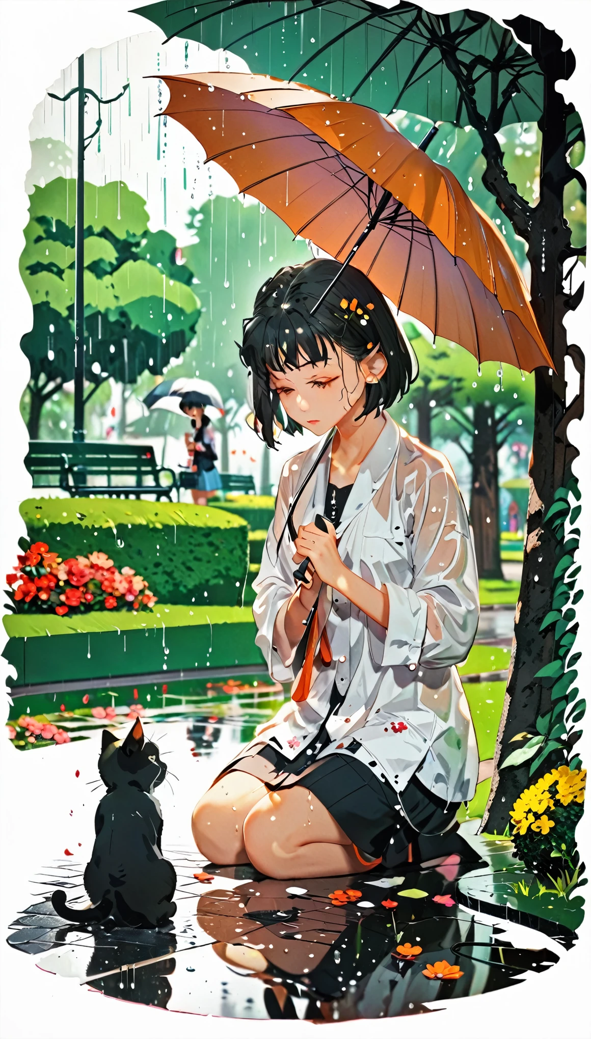 1 girl, black short hair, umbrella, finds a wet trembling kitten, park, rain, paper cutting style