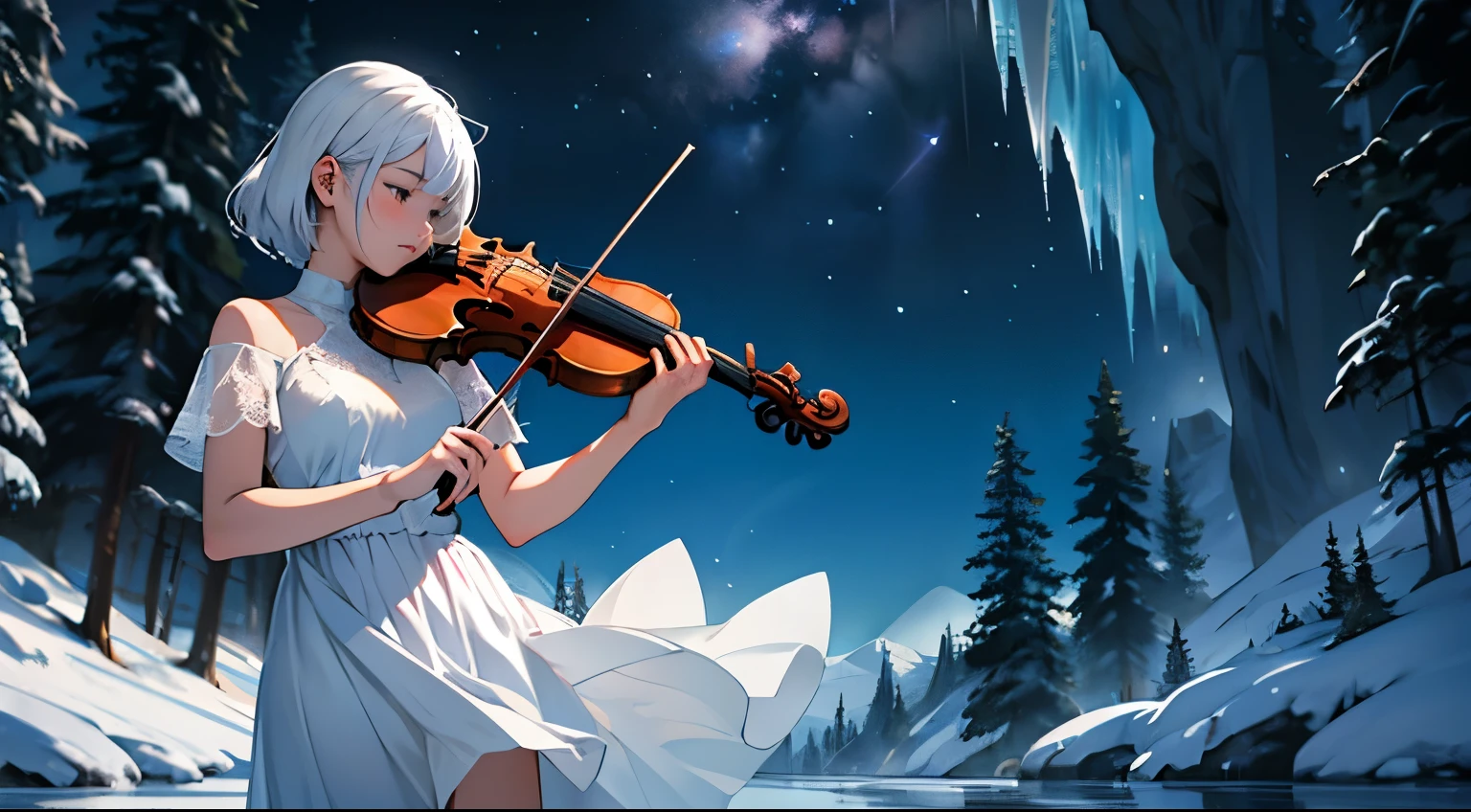 Enveloped in the silence of the universe、Girl in a white dress、Fantastic scenery of ice playing the violin