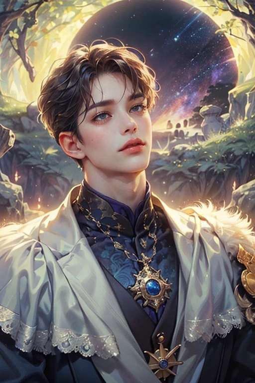 (masterpiece, top quality, best quality, official art), (beautiful and aesthetic:1.2), extreme detailed face, (fractal art:1.3), highest detailed, cinematic lighting, HDR, masterpiece, best quality, realistic,
(Hues: Dark Purple, Dark Blue, Galaxy) (1 boy: handsome, perfect face, shiny skin, serious look, outer corner of eyes tilted upwards, sharp half lidded eyes, young, ((blue purple hue eyes)), looking at the audience, charming rich young man, rich colors, aristocrat)
(Outfit: extremely detailed outfit, posture dynamics, blue purple outfit, open collar, blue purple outfit hues, edgy outfit, luxurious) ((Dressed in a detailed blue purple masculine outfit))
(Background: Lunar, eclipse, galaxy, room for stargazing, dark blue with white, detailed background, night)
((dark blue flowy short tousled hair )) (gentle expression on male with blush)