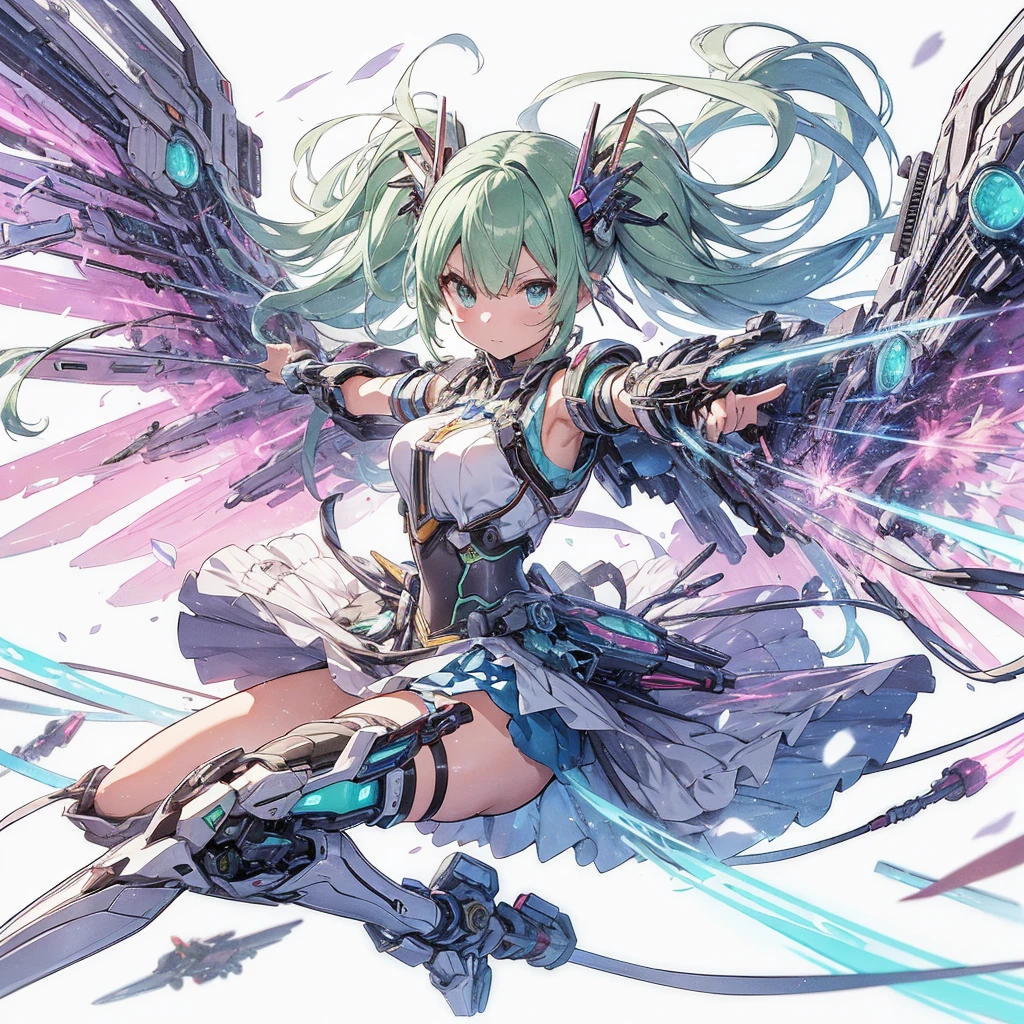 Anime-style illustration of a girl with pastel green hair doing an airborne beam sword action. Created by FuturEvoLab, (X-Ray Style: 1.5), detailed explanation, (Mecha flare type skirt: 1.5), This is a scene where a girl captures her movements.. Dynamic aerial combat and performance with movement and intensity. Mechanical Wings, Futuristic Mech, Another Dimension Cyberpunk, Shining Core Reactor, Etheric Energy Field, Bright colors, Intricate details, movie