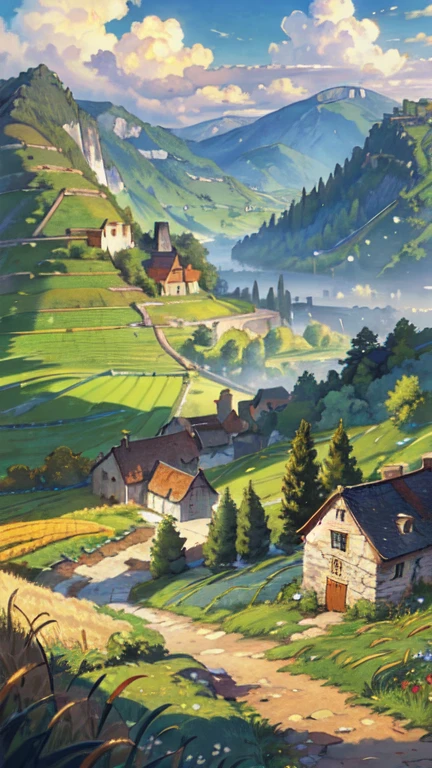 middle ages, Wheat field, windmill, Village house, Rocky Road, Day, cloud, scenery, landscape, hills, wood, forest, Grass, cart,Fortress、Spire (masterpiece, highest quality: 1.2)