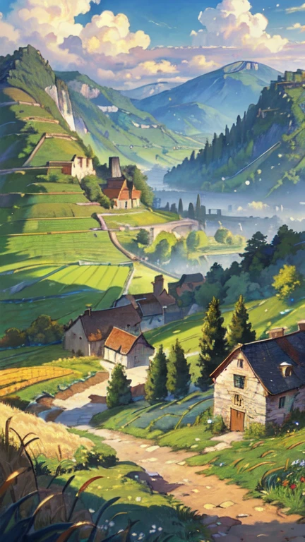 middle ages, Wheat field, windmill, Village house, Rocky Road, Day, cloud, scenery, landscape, hills, wood, forest, Grass, cart,Fortress、Spire (masterpiece, highest quality: 1.2)