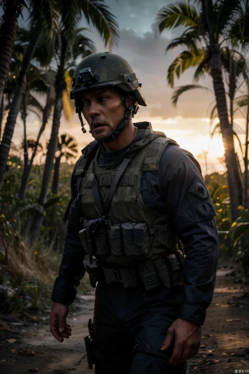 a navy seal soldier man with short gray hair, full navy seal soldier outfit, soldier helmet, war, expression of fear,standing in a dark jungle,sunset light,golden hour,realistic,photorealistic,photo-realistic:1.37,(best quality,8k,masterpiece:1.2),ultra-detailed,vivid colors,physically-based rendering,professional,intricate details,dramatic lighting, scared detailed face, scary, screaming, fear for hes life, detailed fear expression, runing away, sad, fearfull body expression, detailed feaful face, extremely details soldier clothes, fire, dead bodies laying on the ground