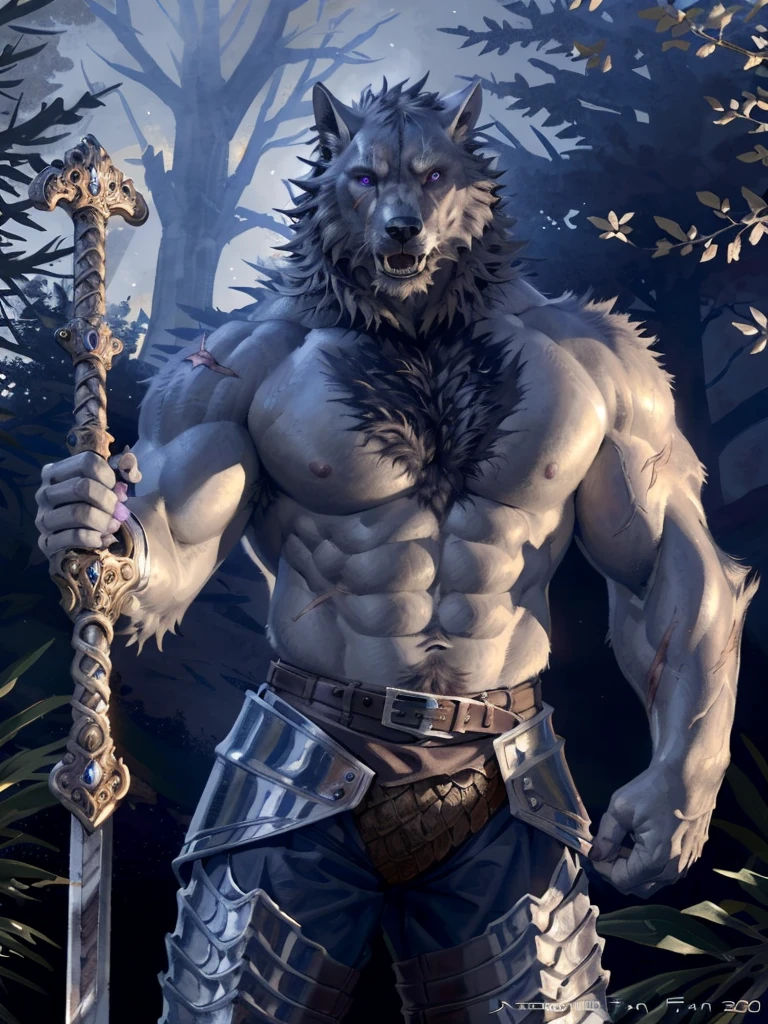 blaidd, in partial shadows. 4k, high resolution, best quality, perfect colors, perfect shadows, perfect lighting, posted on e621, furry body, solo, male, adult, bare chest, masculine, (very muscular, buff, heavyweight, strong chest:1.4), correct anatomy, (photorealistic fur, detailed fur, epic, masterpiece:1.2), (dark fantasy world background, trees, black sky, night, cold), (by Taran Fiddler, by Traver009, by wfa:1.2), (pants, leg armor, belt:1.2), (detailed eyes, purple eyes:1.2), (half body:1.1), serious face, strong, (large scars on body:1.1), visible breath, (veins, vascular:1.2), proud, soft shadows, (holding sword:1.2), looking at viewer, messy fur, speaking mouth