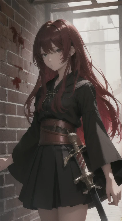 masterpiece, best quality, Ultra-high quality CG, Elijah I, 1 girl, Solitary, Red long hair, Looking at the audience, skirt, Wide sleeves, black skirt, Blood-red, wielding a sword, frenzy, blood, red