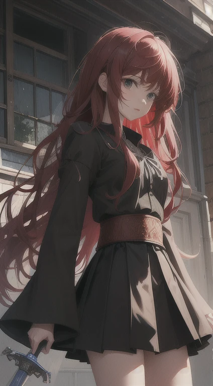 masterpiece, best quality, Ultra-high quality CG, Elijah I, 1 girl, Solitary, Red long hair, Looking at the audience, skirt, Wide sleeves, black skirt, Blood-red, wielding a sword, frenzy, blood, red