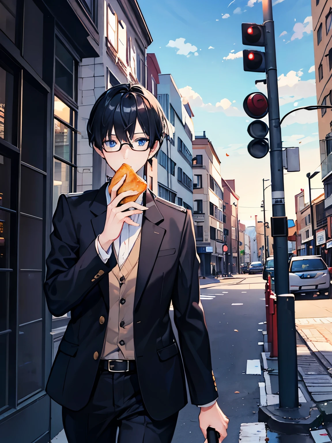 　male　blue eyes　Black Hair　Short Hair　Eye-catching colors　uniform　Glasses　Town　blazer 　Walking while eating bread