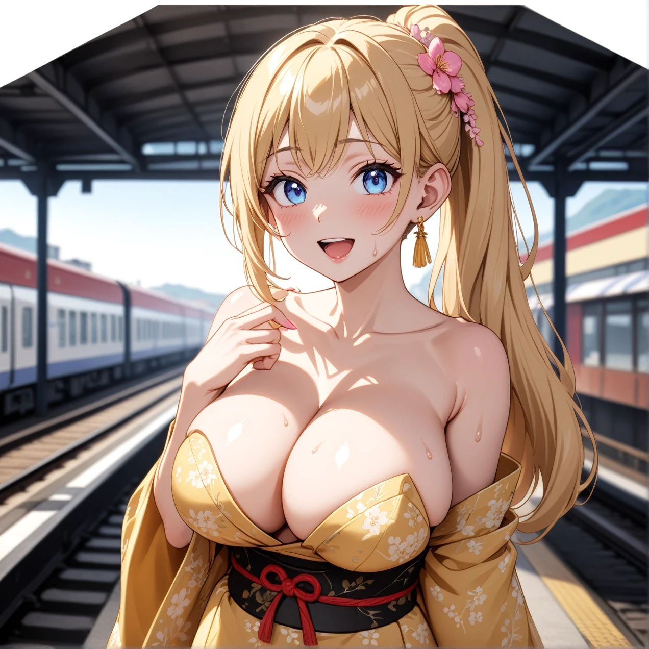 ((One woman)), Beautiful Face,,Wide-open eyes and a worried look,Sweat,(Mouth wide open、Laughing embarrassedly),Glossy pink lips,Daytime,Meet at the station platform, ((Anime style background)),masterpiece, highest quality, so beautiful, up to date, Complex details, (Pink long nails),AI-generated, Complex,High resolution, highest quality, super high quality,3D Images、View the viewers、3D Images,one person,Long Blonde Hair,High Ponytail,blue eyes,Anime woman posing for a photo, [[Fine grain、Colorful eyes、Shining Eyes:1.15]],a hyperRealistic , hyperRealistic , Realistic,Blonde anime woman with long hair, Smooth anime CG art, A woman in a gold embroidered kimono, (Yellow kimono),Floral pattern,Long flower hair ornament,Big earrings,(Large Breasts:1.2),Mature Body,tall,Big Ass,Fine details,Narrow waist,Six-pack,