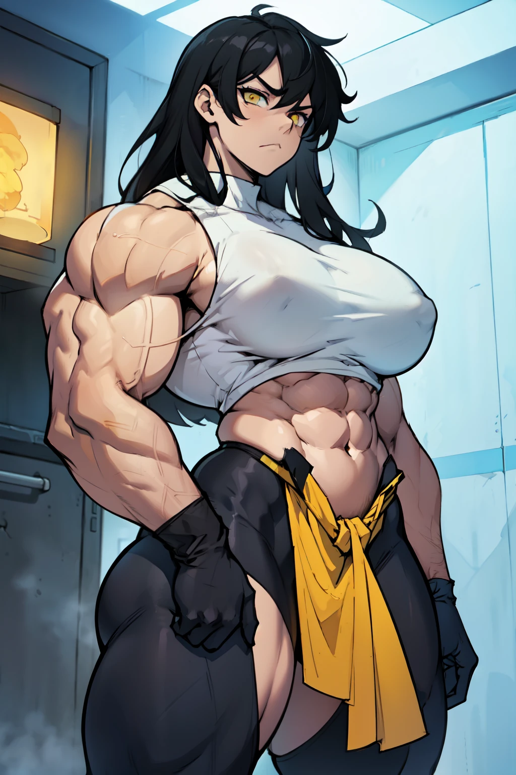 huge muscles huge breasts huge thighs pale skin black hair yellow eyes very long hair muscular girl sad frown expressionless skintight