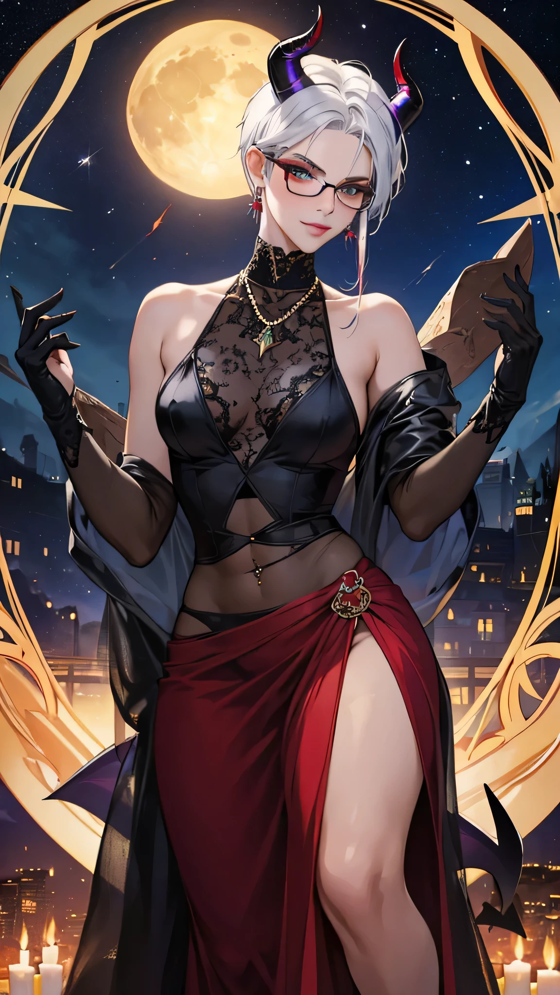 8k, masterpiece, best quality, highly detailed, 1 girl, tiefling, warlock, multicolored hair, very short straight hair green highlight hair on white hair, strippled hair, wearing glasses, round glasses, earrings, long dress with side cut, see-thru, red eyeshadow, long eyelashes, blushed cheek, necklace, navel piercing, collarbone, high heels, mole, glamorous, black and red clothing, villainy, smirk, seductive face, close up view, rings, looking at viewer, standing, demon horns, solo, starry night, full blue moon, hand touching cheek, black roses, black lace gloves.