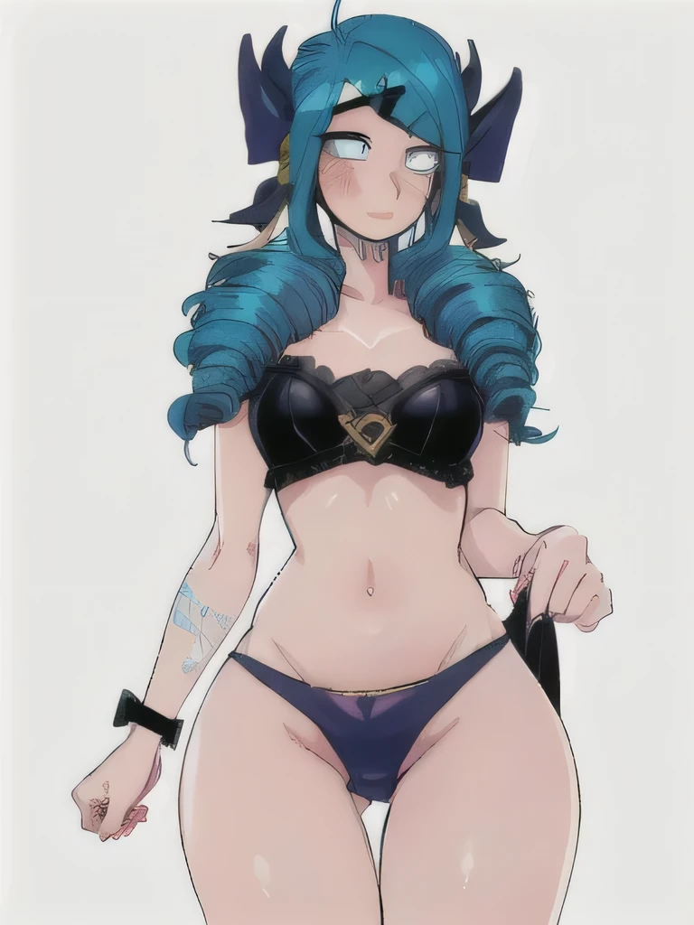 girl, Blue eyes, blue hair, gwen \(League of Legends\), in , panties are visible, hair ornament, a high resolution, League of Legends, long hair, pink pupils, X, X hair ornament,