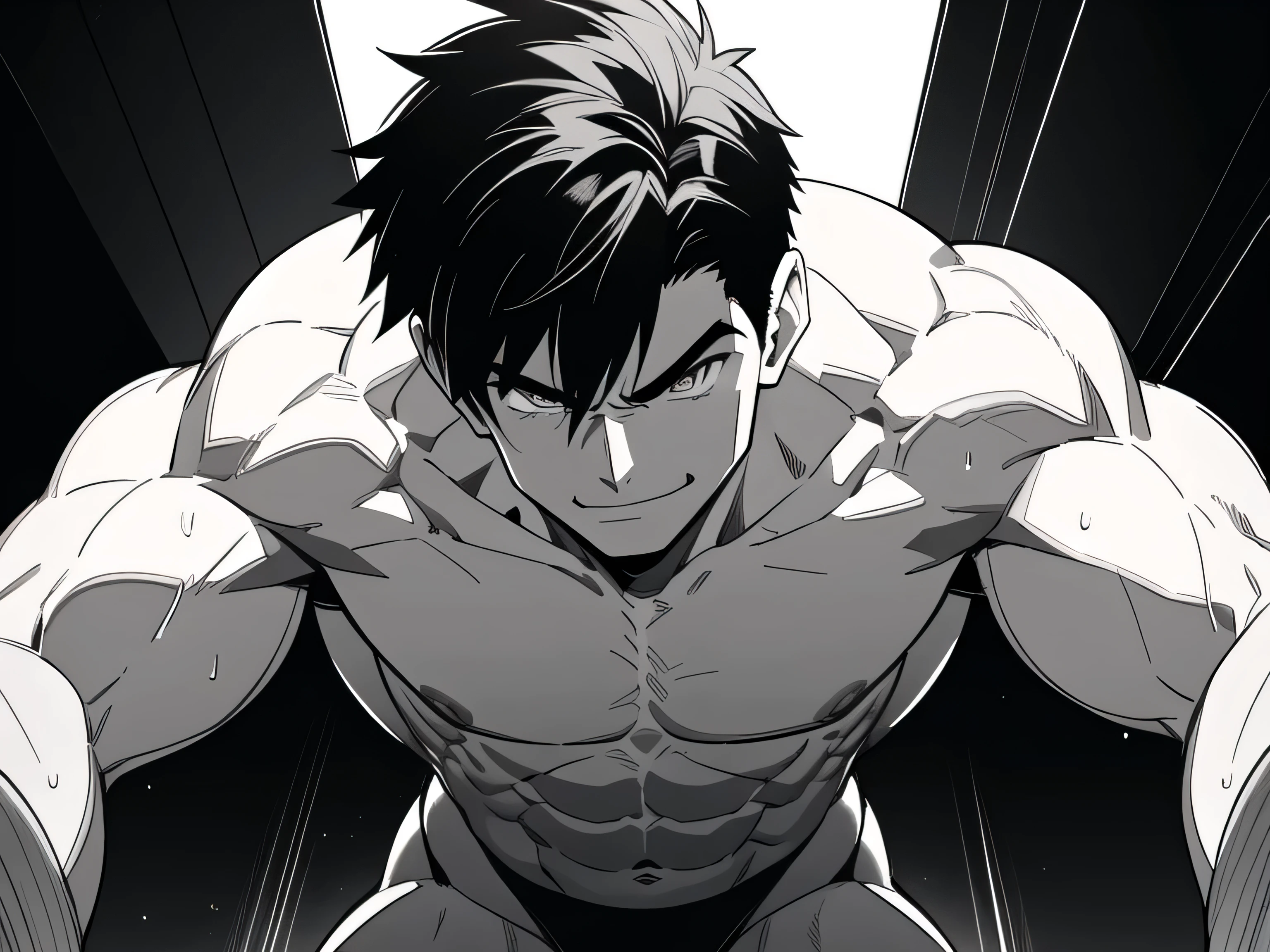 athletic male, (evil smirk), imminent sex, arms toward viewer, muscular male, muscular chest, large pectorals, (sweating), tears, condensation on skin, (black thong), dark, square light above, ((black and white line art)), cocky smile, sexy, young, simple abs