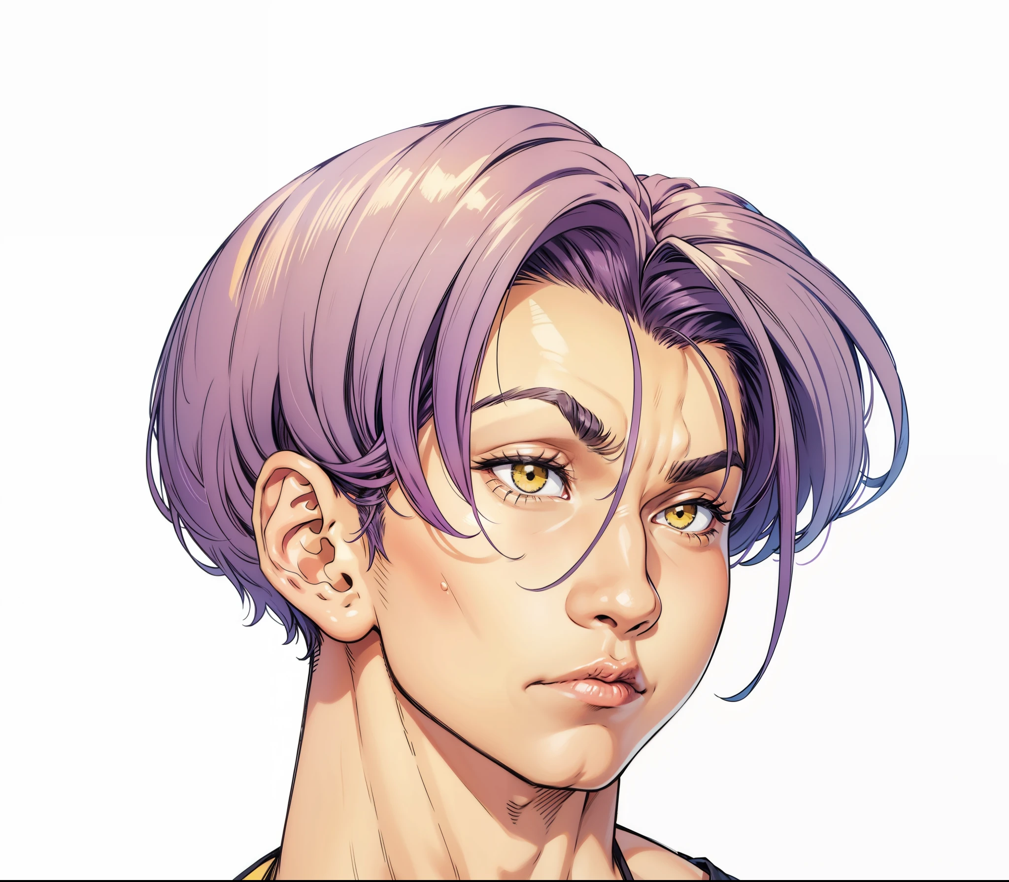 1 homen, Trunks, extremamente realista, muito bonito, musculoso, regata preta, black pants, botas amarela, cabelo roxo, cabelo realista, liso, Fitness 
