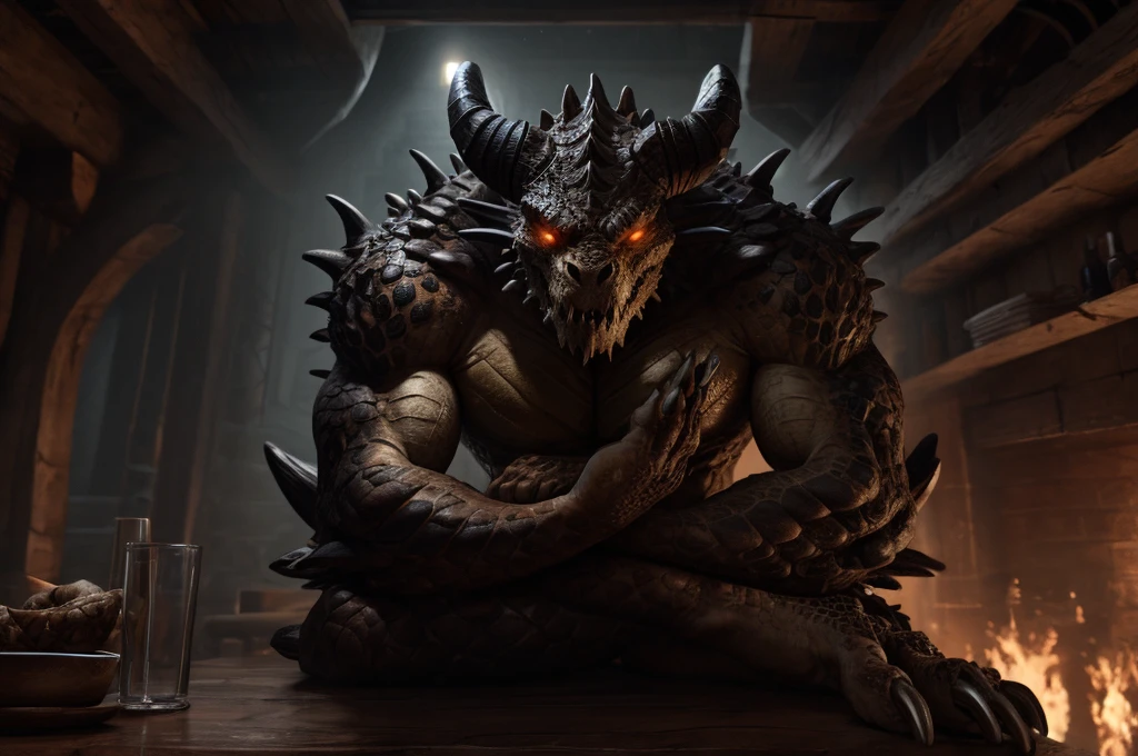 solo, male, deathclaw, scales, glowing eyes, gendou pose, hands together, elbows on table, front view, detailed, hi res, masterpiece, best quality, 