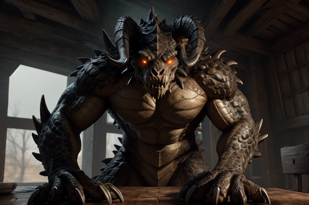 solo, male, deathclaw, scales, glowing eyes, gendou pose, hands together, elbows on table, front view, detailed, hi res, masterpiece, best quality,