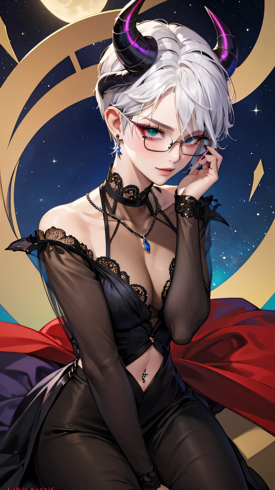 8k, masterpiece, best quality, highly detailed, 1 girl, tiefling, warlock, multicolored hair, very short straight hair green highlight hair on white hair, strippled hair, wearing glasses, round glasses, earrings, long dress with side cut, see-thru, red eyeshadow, long eyelashes, blushed cheek, necklace, navel piercing, collarbone, high heels, mole, glamorous, black and red clothing, villainy, smirk, seductive face, close up view, rings, looking at viewer, standing, demon horns, solo, starry night, full blue moon, hand touching cheek, black roses, black lace gloves.