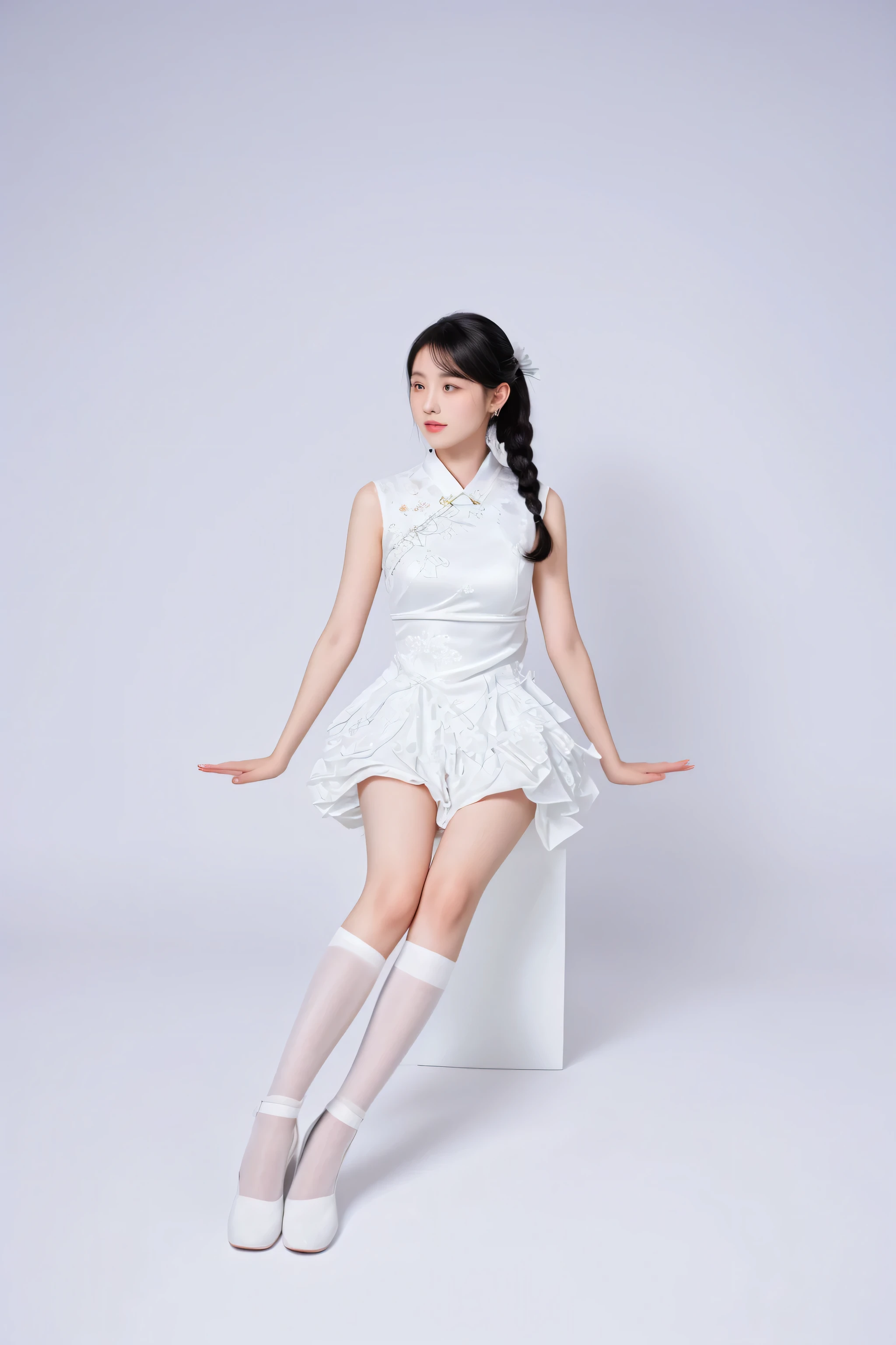 Detailed face, Cute face, Uekura, One Girl, Black Hair, White Background, have, dress, footwear, wing, Simple Background, sign, flower, Manicure, Wide sleeves, Long sleeve, blush, animal, white flower, alone, whole body, Show Viewer, High heels, Frills, bow, bangs, ribbon, +_+, shoes, short hair, Grey Eyes, shoes, Blue Claws,
