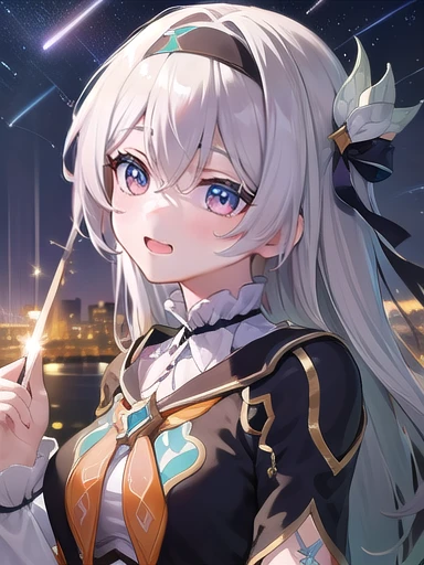 (masterpiece:1.3),((High resolution)),((high quality)),((Super detailed))、One girl、Perfect balance、((upper body:1.5))、(Perfect Face)、(Detailed face:1.5)、Orange ribbon,(Perfect in hand)、Cute Face、(beautiful詳細な目)、(Expressive eyes)、Cute eyes、Shiny eyes、(Perfect body)、(beautiful体)、 fire Fly, (Purple eyes:1.3), Grey Hair, 蝶のhair ornaments, hair ornaments, Hair intake, Long Hair, (Bright Eyes:1.5), hair band, (head shot)、Embarrassing、blush、beautiful女の子、Cute Face、beautiful顔、Cute Face、beautiful、Best Quality、Good anatomy、((smile:1.5))、((Super detailedな背景)), Outdoor, Day, blue sky, ((Meteor shower sky:1.1))、Sky Light , Mistress Pose, ((8K Wallpaper)) , Looking straight ahead, Moody lighting,一面のblue sky,(SNFW:1.5)