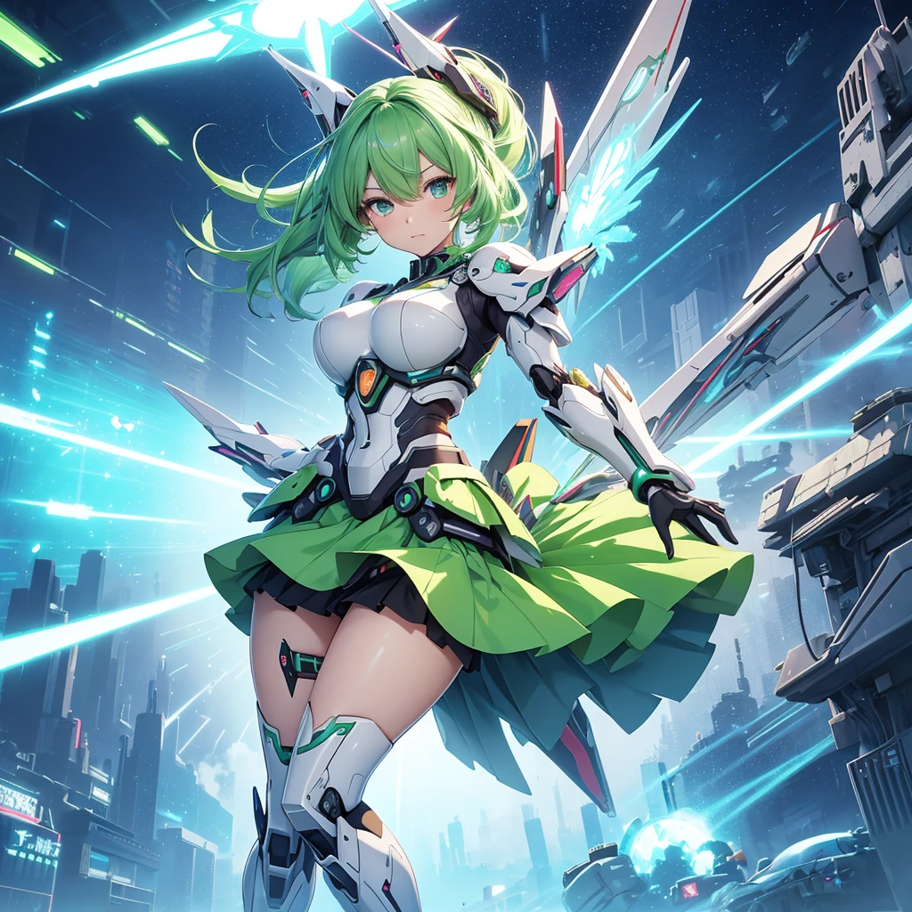 Anime-style illustration of a girl with pastel green hair doing an airborne beam sword action. Created by FuturEvoLab, (X-Ray Style: 1.5), detailed explanation, (Mecha flare type skirt: 1.5), This is a scene where a girl captures her movements.. Dynamic aerial combat and performance with movement and intensity. Mechanical Wings, Futuristic Mech, Another Dimension Cyberpunk, Shining Core Reactor, Etheric Energy Field, Bright colors, Intricate details, movie