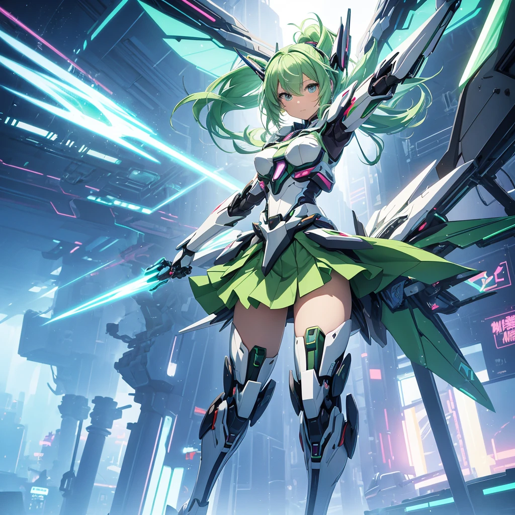 Anime-style illustration of a girl with pastel green hair doing an airborne beam sword action. Created by FuturEvoLab, (X-Ray Style: 1.5), detailed explanation, (Mecha flare type skirt: 1.5), This is a scene where a girl captures her movements.. Dynamic aerial combat and performance with movement and intensity. Mechanical Wings, Futuristic Mech, Another Dimension Cyberpunk, Shining Core Reactor, Etheric Energy Field, Bright colors, Intricate details, movie