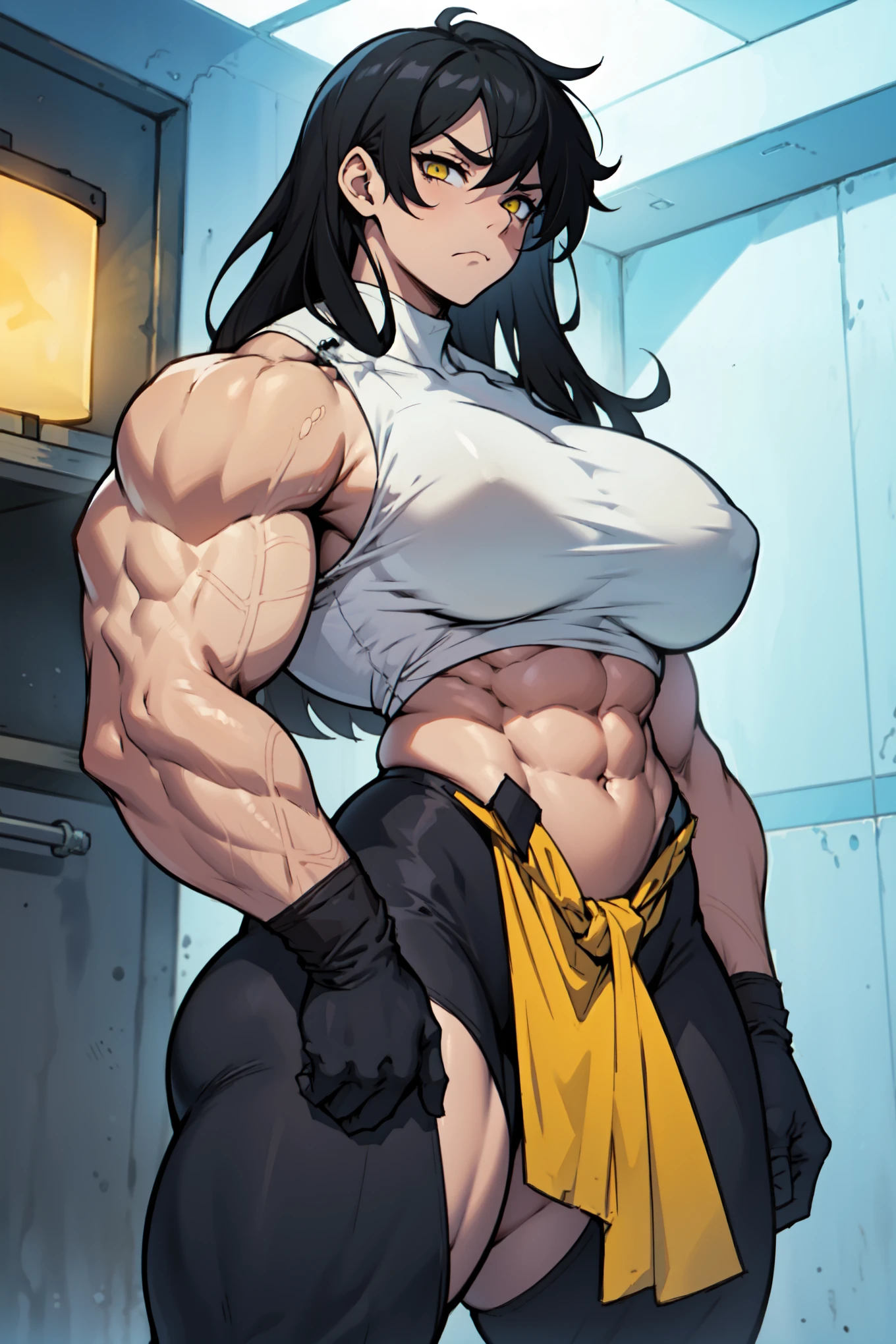 huge muscles huge breasts huge thighs pale skin black hair yellow eyes very long hair muscular girl sad frown expressionless skintight
