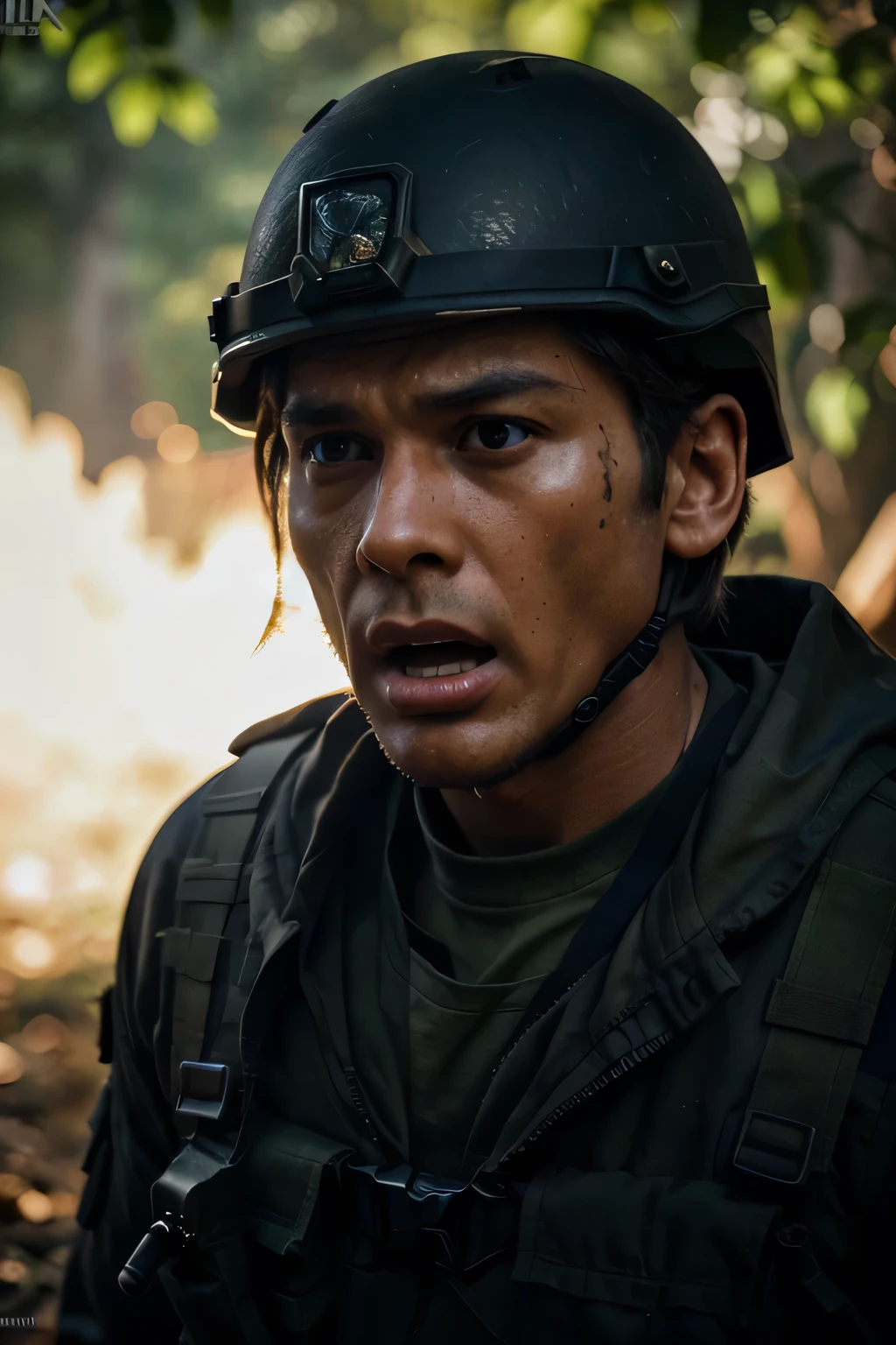 Close-up of a male soldier, half human, half machine, their faces partially obscured by military helmets. Their eyes are filled with sadness and longing. The background is a trail of blood and violence. He wears a mechanized robot armor, carved with animal elements, human skulls. The sky is filled with swirling, fiery clouds. The photo conveys a strong sense of the warrior's appearance.