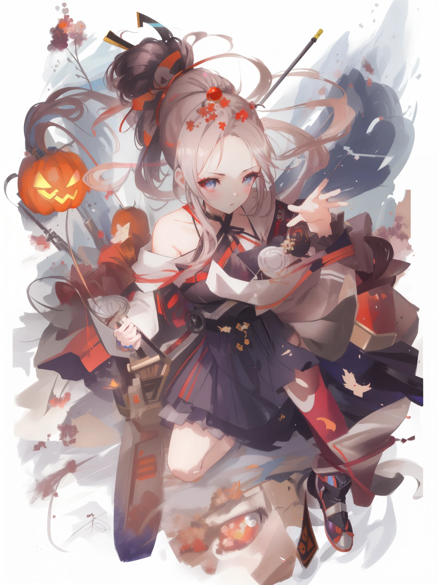 (ponytail forehead hair pulled back:1.3), anime girl with a bunch of halloween decorations on her head, splash art anime , anime fantasy illustration, digital art on pixiv, artbook artwork, anime fantasy artwork, guweiz on pixiv artstation, zerochan art, trending on artstation pixiv, anime illustration, guweiz, anime artwork, guweiz on artstation pixiv
