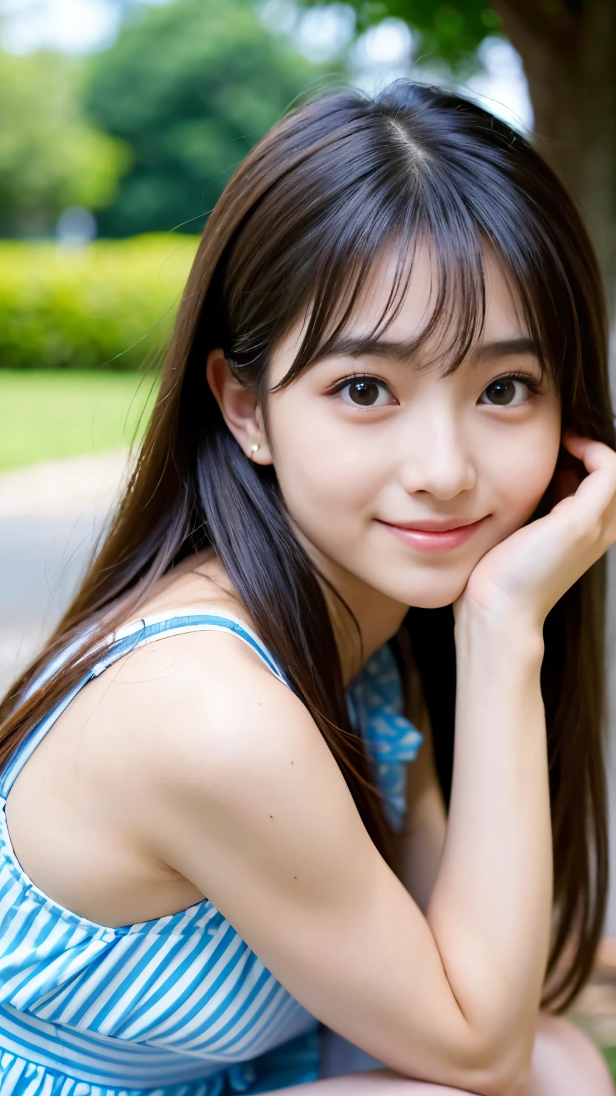 (Best-quality, Masterpiece, Ultra-High-Resolution, (Photorealistic:1.4), Raw Photo, depth of field, professional lighting, perfect anatomy, extremely details, perfect body, perfect face), 1girl, -yeld, thost famous Japanese idol, at amazingly beautiful park, ((wearing casual-dress with cute-design)), (extremely cute face like the most popular Japanese idol, ((extremely cute and extremely big eyes)), extremely cute hair, extremely beautiful skins), extremely cute cheeks, extremely cute long-eyelashes, extremely cute lips, extremely beautiful thighs, dynamic pose, looking at viewer, innocent smile, detailed amazingly-beautiful-park