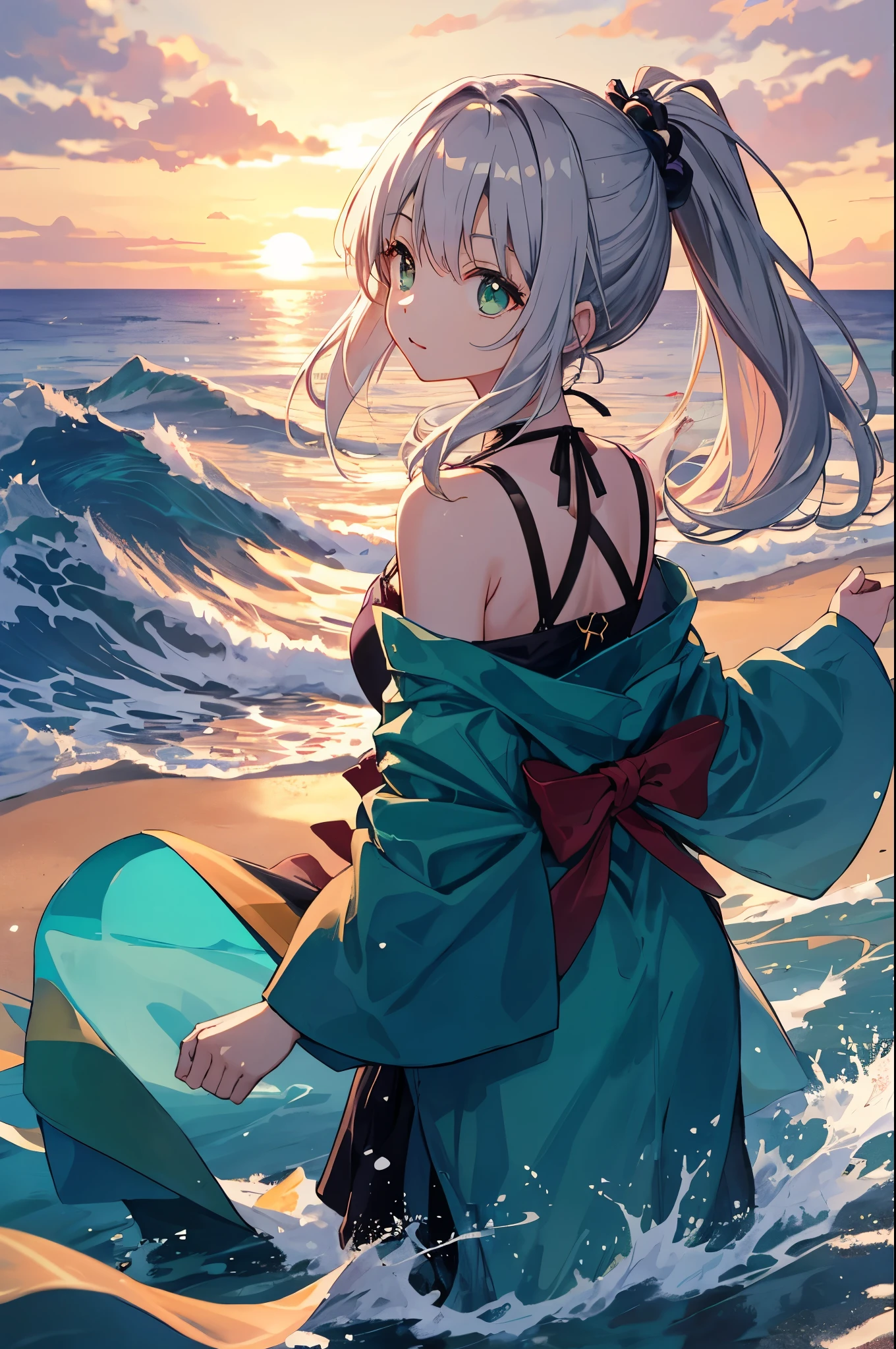 Silver-haired girl drawn in high resolution Japanese anime style、Standing alone on the white sand beach of a deserted island。She is wearing a gorgeous pink bikini.、Her hair is in a ponytail that sparkles in the light..。The sea in the background shines emerald green..、The beach is littered with shells and pebbles.、hour々、Small waves gently wash up on the shore。熱帯のwood々Swaying in the Wind、Mr..々Among the branches々Birds are singing..。wood々Colorful flowers bloom profusely、The entire island is filled with abundant nature..。On the horizon of a distant sea、The setting sun casts a beautiful orange glow over the ocean.、It gives the whole place an air of mystery..。、Wakame seaweed、Wakame seaweed、Wakame seaweed、Wakame seaweed、Wakame seaweed、Wakame seaweed、
