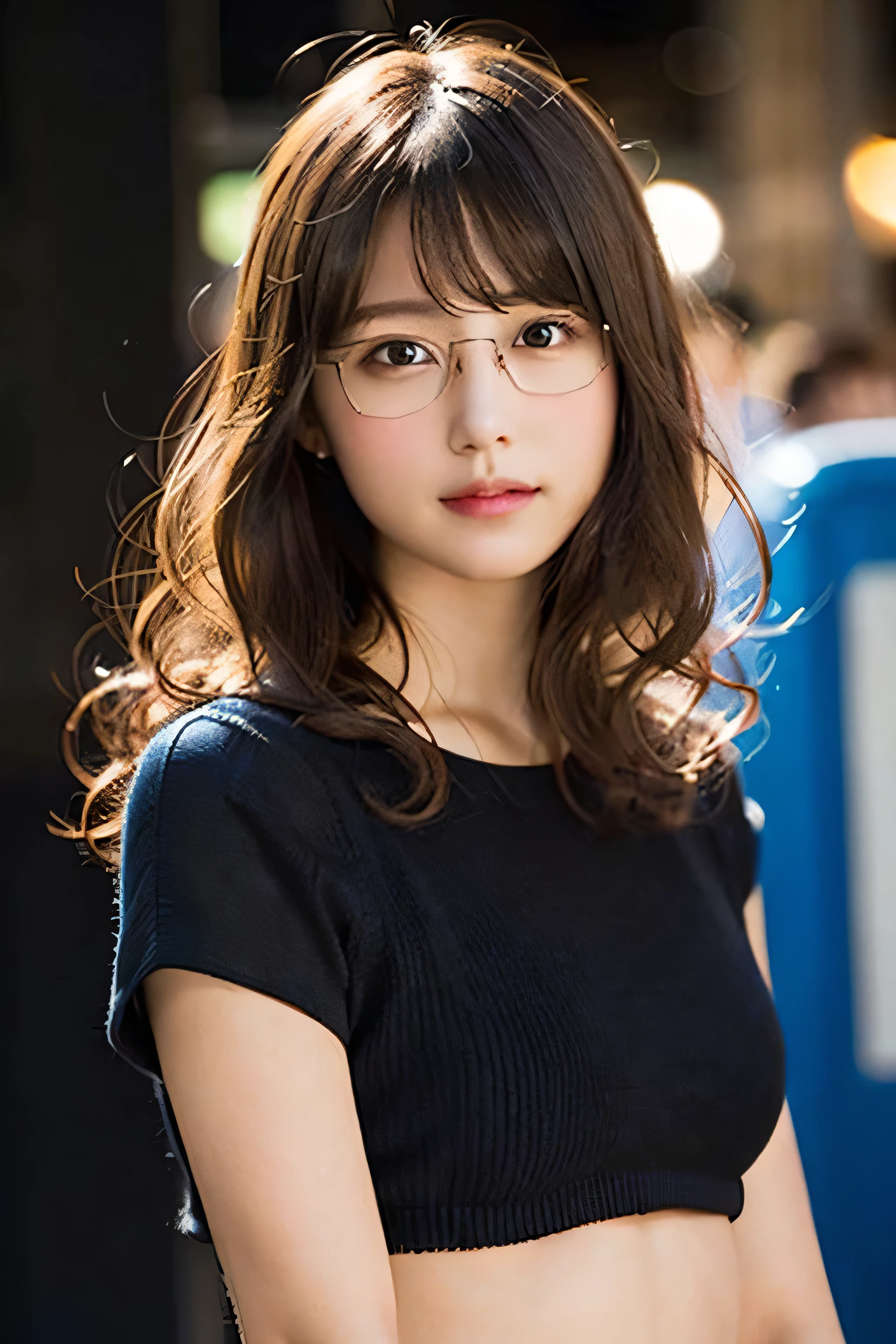 (8k、Raw photo、highest quality、masterpiece:1.2)、(Realistic、Photorealistic:1.37)、Ultra-detailed、超A high resolution、1 girl、Seeing the viewer、Beautifully detailed face、Laughter、narrow、(Slim waist) :1.3)、Bright autumn outfit、Beautifully detailed skin、Skin Texture、Floating Hair、((Curly Hair, Quirky hairstyle, Ahoge))、Professional Lighting、Morning in front of the station、((Black square glasses ))、Human whole body、Brown Hair