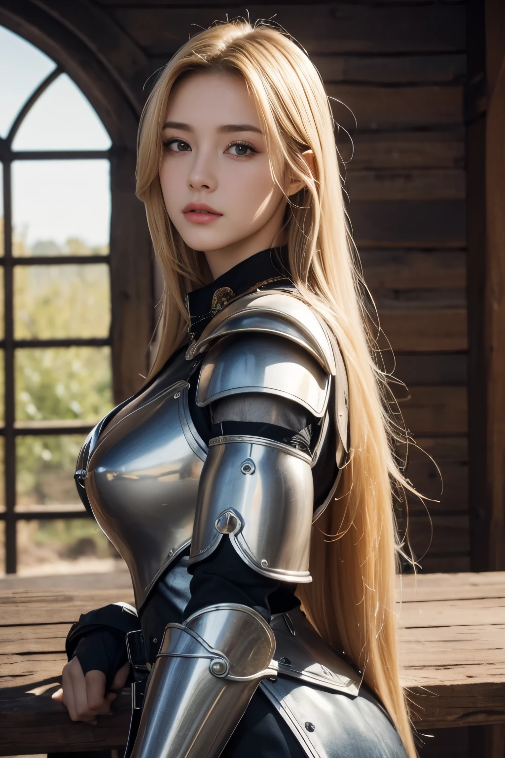 realistic lighting, top quality, 8K resolution, (masterpiece: 1.3), (clear focus: 1.2), 1 girl, delicate face, large double eyelids, sensuous expression, long blonde hair, knight, Armor, Long knives, Magic, Out, (date: 1.1), 1080p, hyper hd, group, very detailed, best quality, high detail, best quality, (cowboy_shot) , medieval castle background,