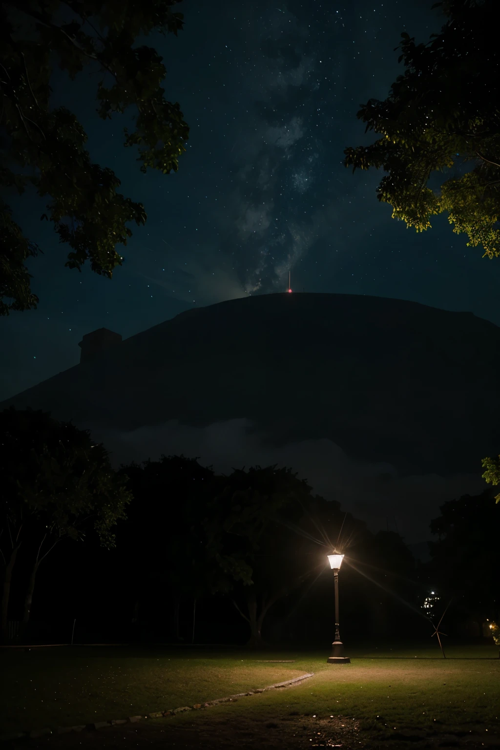 genera un parque de noche siendo alumbrado por faros de luz