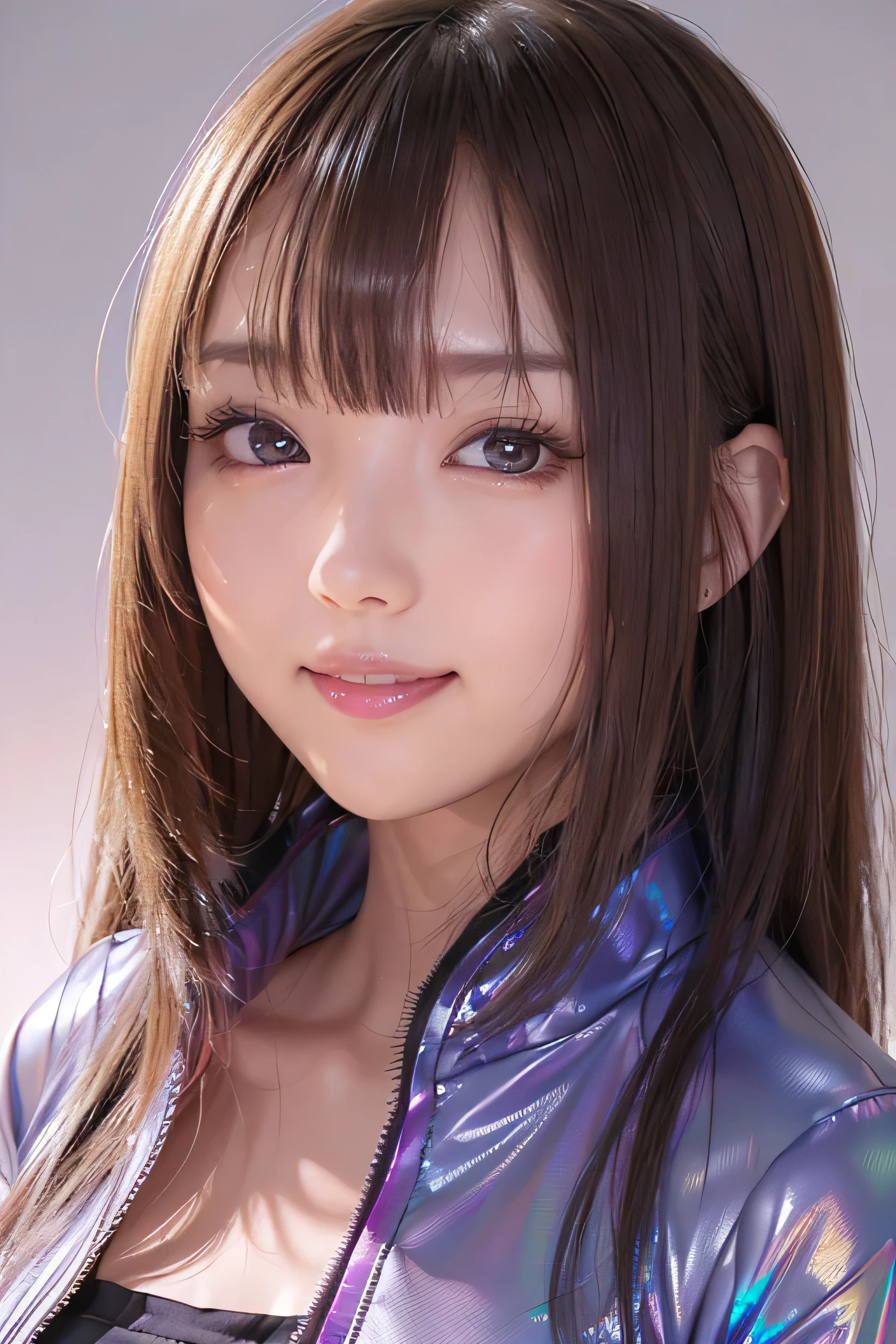 (masterpiece, highest quality, Very detailed, Detailed face, 8k)、smile、One Girl,, , ((( Iridescent opaque jacket:1.3, , Holographic:1.23))), , Extremely detailed clarity, (Symmetrical eyes:1.3), , , , , ,, Parted bangs, , , (Eye and facial details:1.0), , slim、Flat body、cute、、Small breasts、Jet black background、(Close-up head shot:1.23)