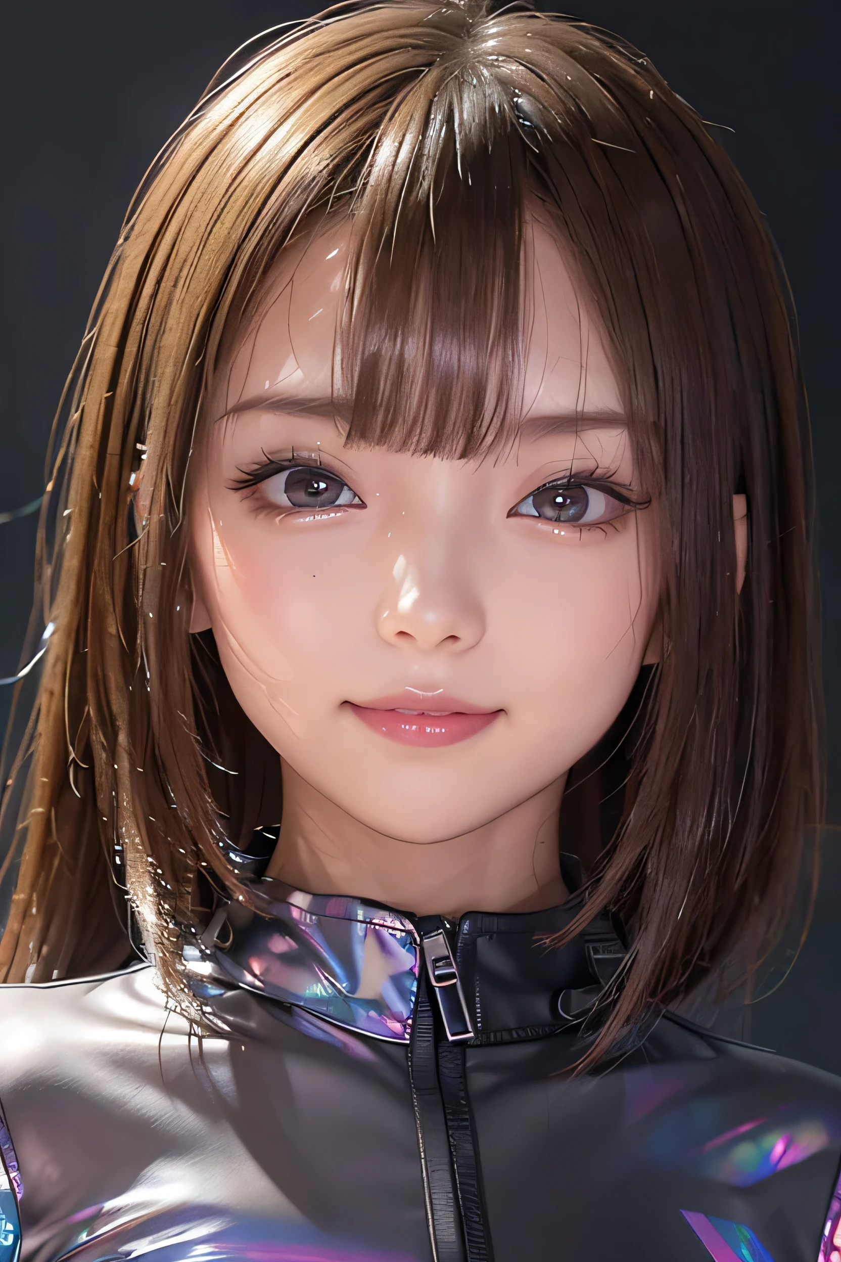 (masterpiece, highest quality, Very detailed, Detailed face, 8k)、smile、One Girl,, , ((( Iridescent opaque jacket:1.3, , Holographic:1.23))), , Extremely detailed clarity, (Symmetrical eyes:1.3), , , , , ,, Parted bangs, , , (Eye and facial details:1.0), , slim、Flat body、cute、、Small breasts、Jet black background、(Close-up head shot:1.23)