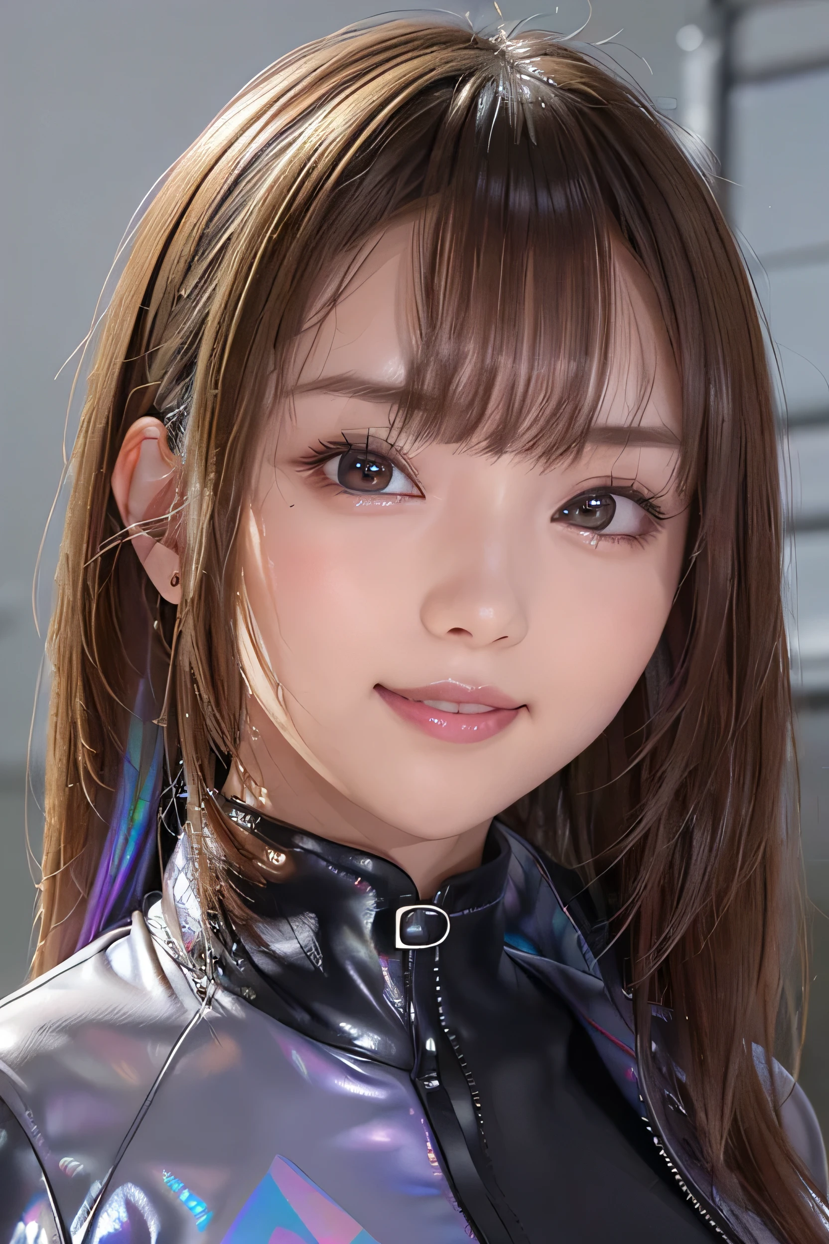 (masterpiece, highest quality, Very detailed, Detailed face, 8k)、smile、One Girl,, , ((( Iridescent opaque jacket:1.3, , Holographic:1.23))), , Extremely detailed clarity, (Symmetrical eyes:1.3), , , , , ,, Parted bangs, , , (Eye and facial details:1.0), , slim、Flat body、cute、、Small breasts、Jet black background、(Close-up head shot:1.23)