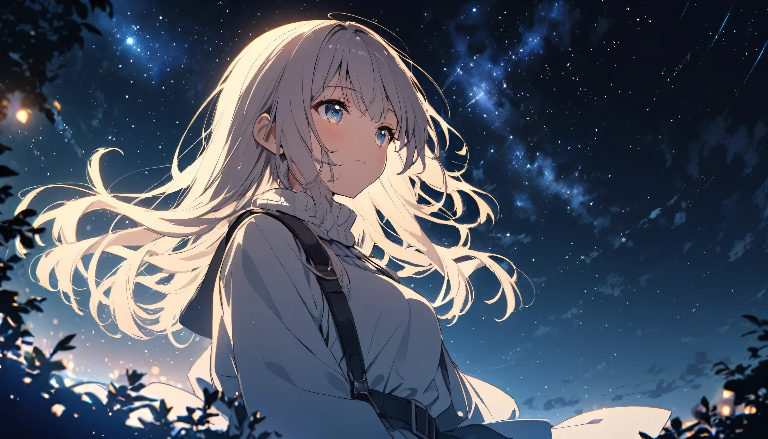 girl, 1 person, night, Gaze at the stars