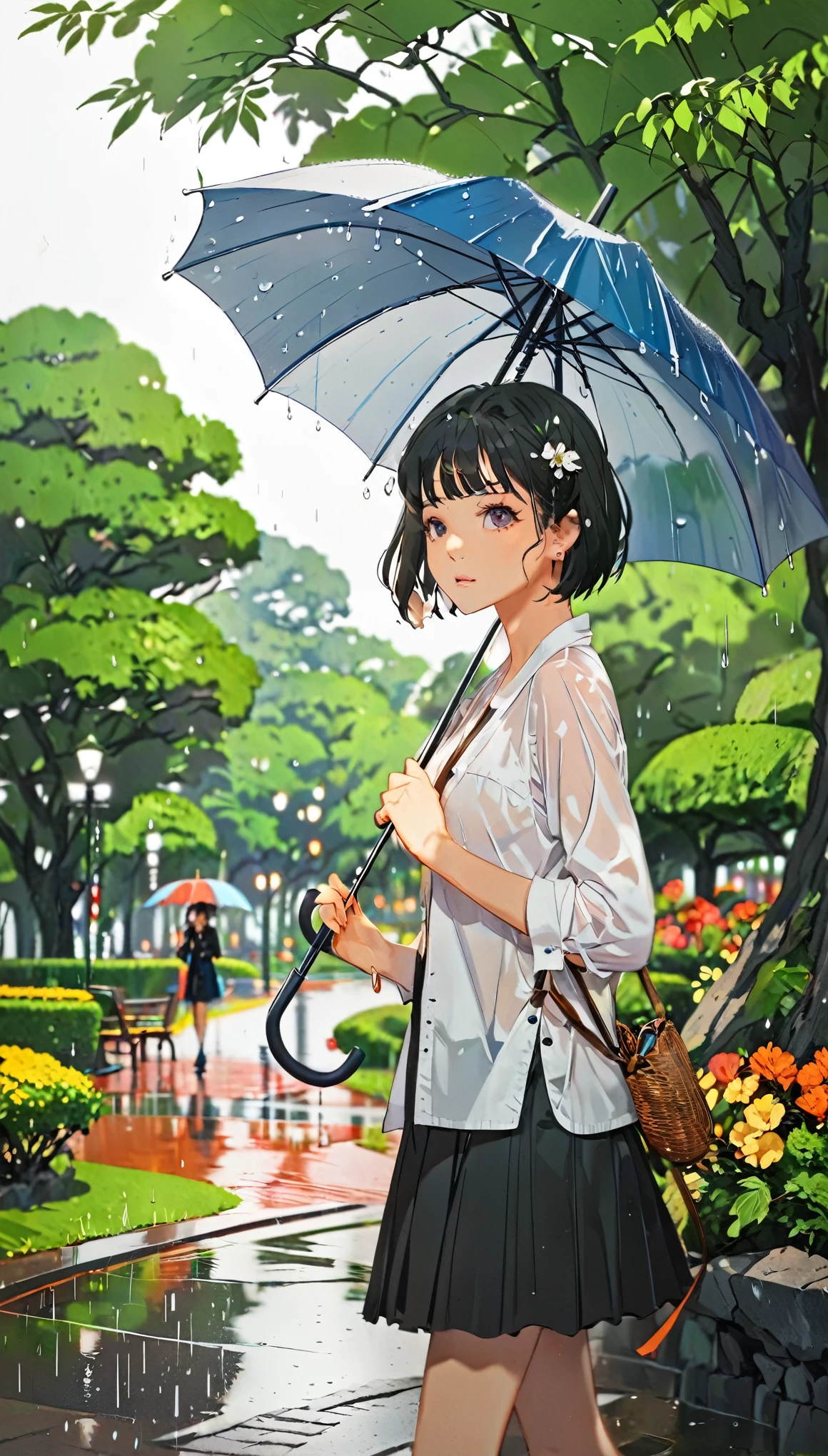 1 girl, black short hair, umbrella, walking park, rain
