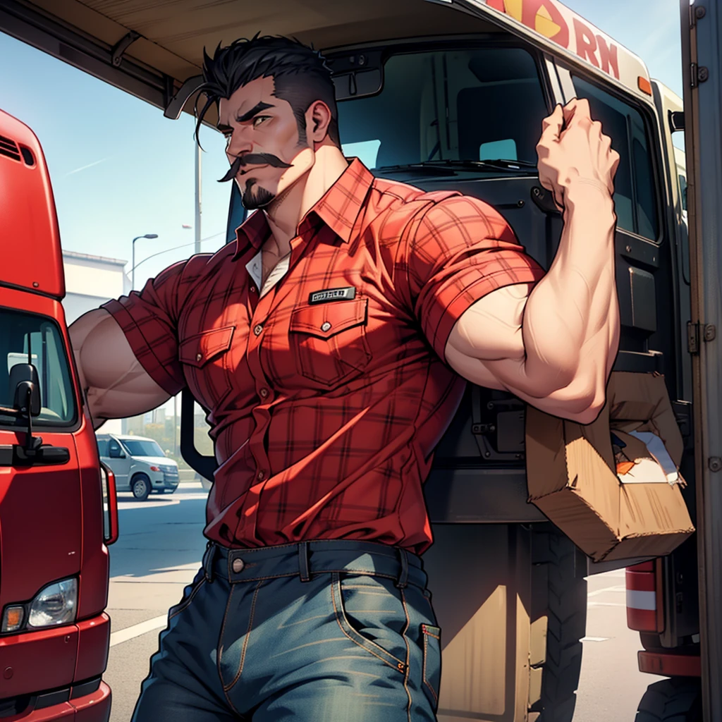 Handsome 60-year-old truck drivers, muscular bodies, stocky truck driver on the left, wearing a messy mustache and wavy hair, white stubble and truck driver, jeans, in the middle, wearing an open red plaid shirt, very muscular body and big, strong, stout belly wearing green shorts, hair cut on the sides and spiked on top, truck driver on the right has a muscular body and a very large body chest; hairy stomach black pants open on the background, a huge red and black road truck