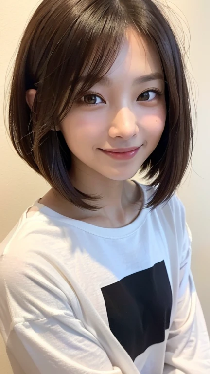 (((Face close-up)))、(((Shoulder-length brown straight long bob)))、(((She is posing like a model at a hair salon., Indoors, against a white wall.)))、(((A casual white long-sleeve T-shirt that covers the shoulders)))、(((smile)))、Half Japan, Half Korean、18-year-old girl、Independent、I'm looking forward to、Light eye makeup、Brown Hair Color、Flat 、Hair blowing in the wind、Quality of actress、Shiny, Ultra-realistic face、Watery eye、look up、Subtle lighting effects、 Ultra-Realistic Capture、Very detailed、High resolution 16K human skin closeup。Skin texture must be natural、The detail must be such that the pores are clearly visible.、skin is healthy、Even Tone、Use natural light and color、Worn out, High quality photos taken by modeling agencies'In-house photographer.、smile、(((Sigma 300mm F/1.4,1/1000 sec shutter,ISO400)))